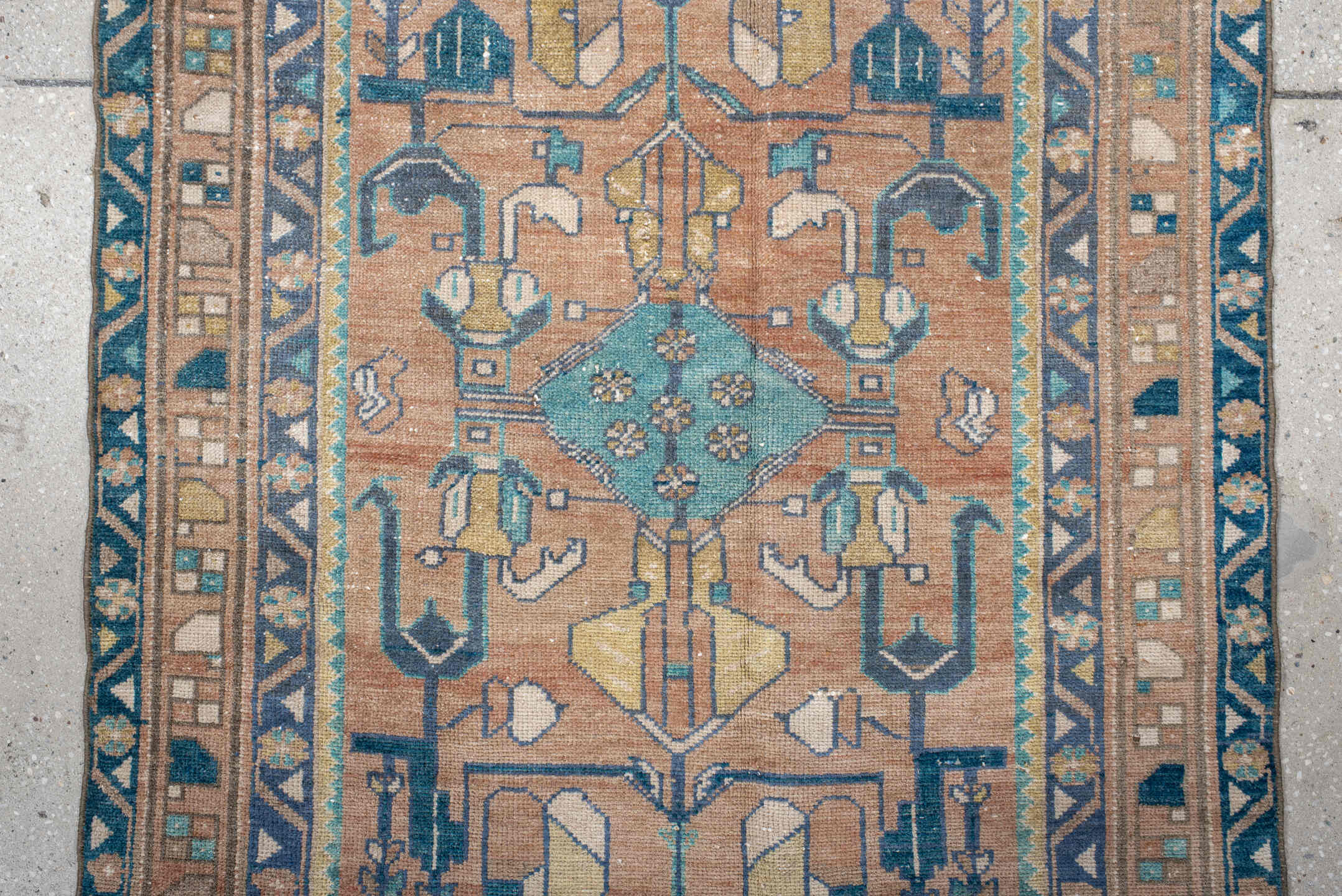 3' x 9' one-of-a-kind handmade vintage Lilian runner rug. Color palette: rose, teal, ivory, navy, camel, sage, taupe, pink