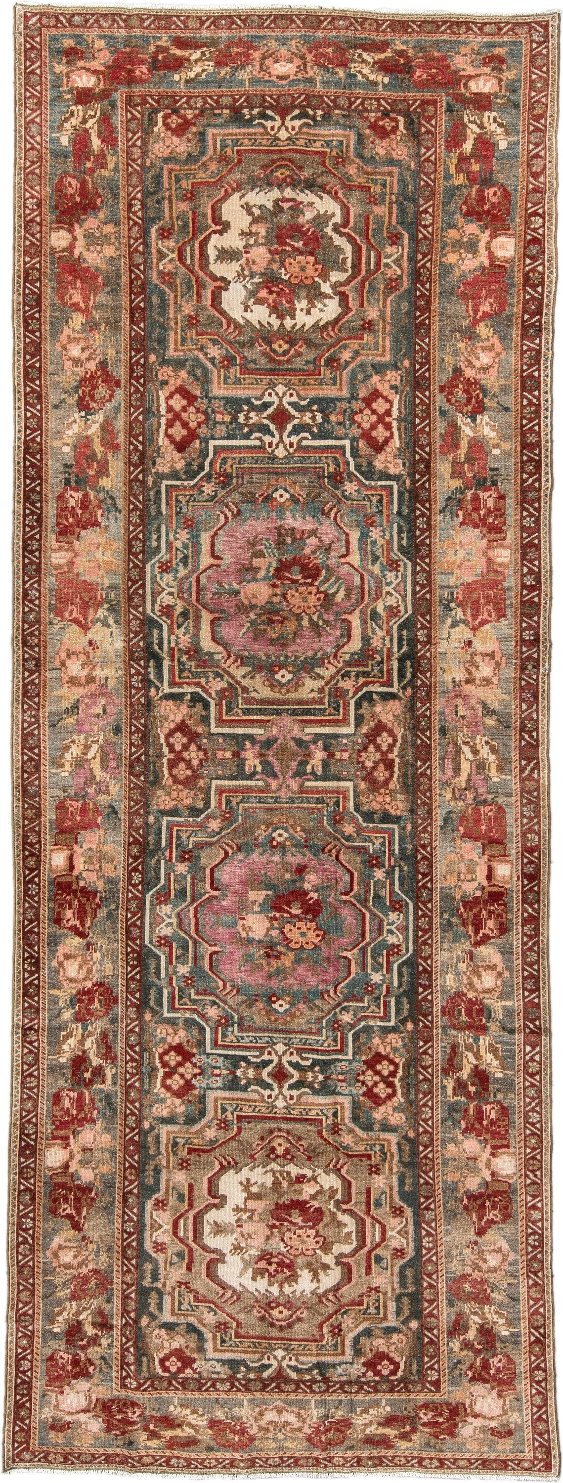 4' x 11' one-of-a-kind handmade vintage Baktiary runner rug. Color palette: ivory, rose, rust, slate, burgundy, taupe, sage