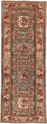 4' x 11' one-of-a-kind handmade vintage Baktiary runner rug. Color palette: ivory, rose, rust, slate, burgundy, taupe, sage