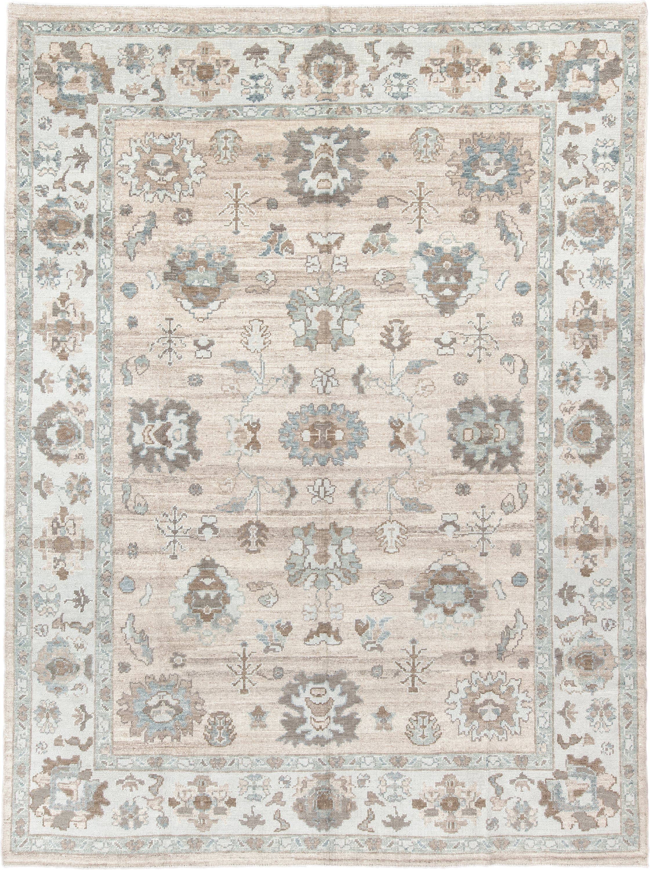 9' x 12' one-of-a-kind handmade vintage Oushak large size rug. Color palette: beige, ivory, light blue, taupe, brown, cream