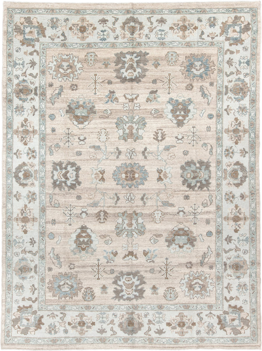 9' x 12' one-of-a-kind handmade vintage Oushak large size rug. Color palette: beige, ivory, light blue, taupe, brown, cream