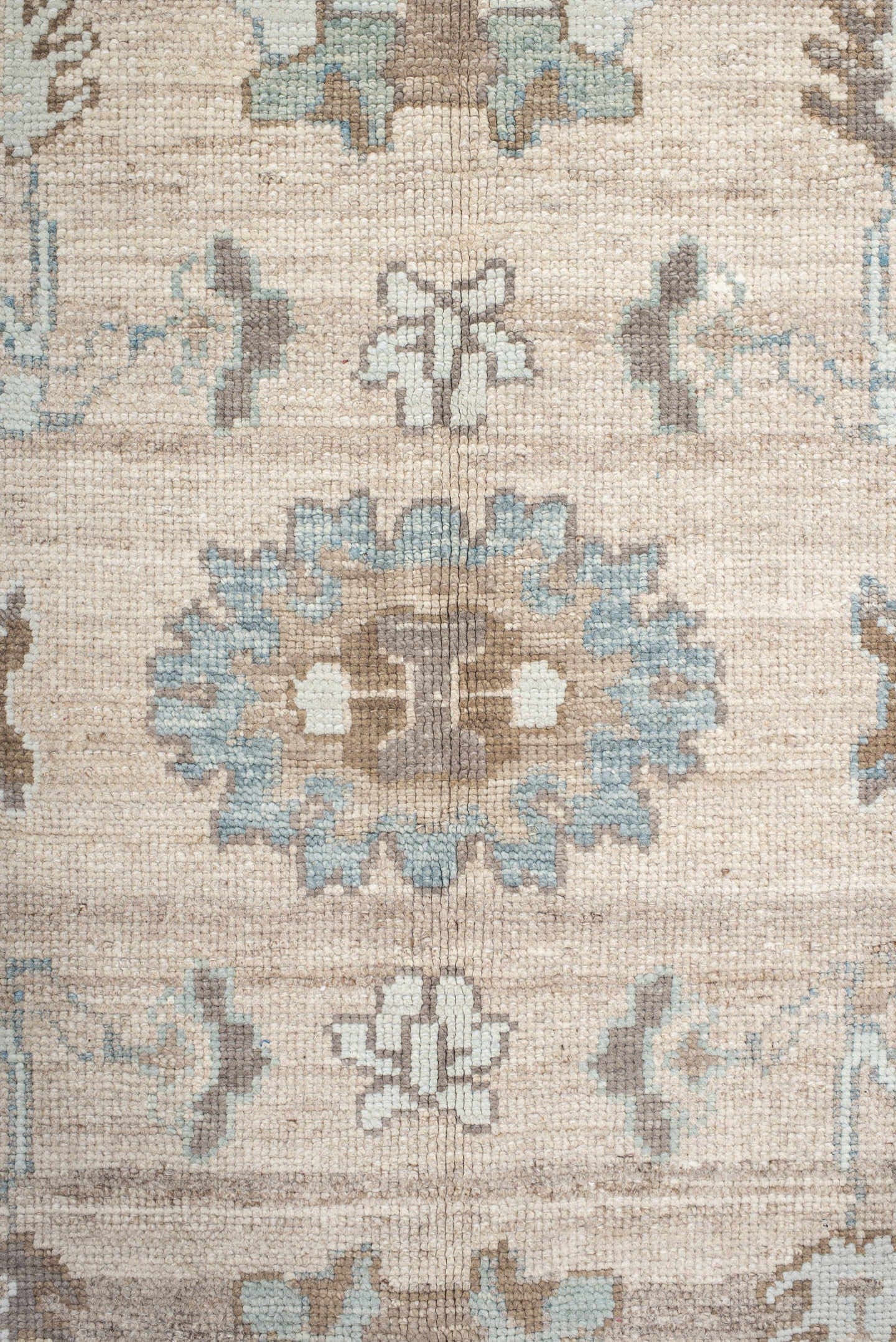 9' x 12' one-of-a-kind handmade vintage Oushak large size rug. Color palette: beige, ivory, light blue, taupe, brown, cream