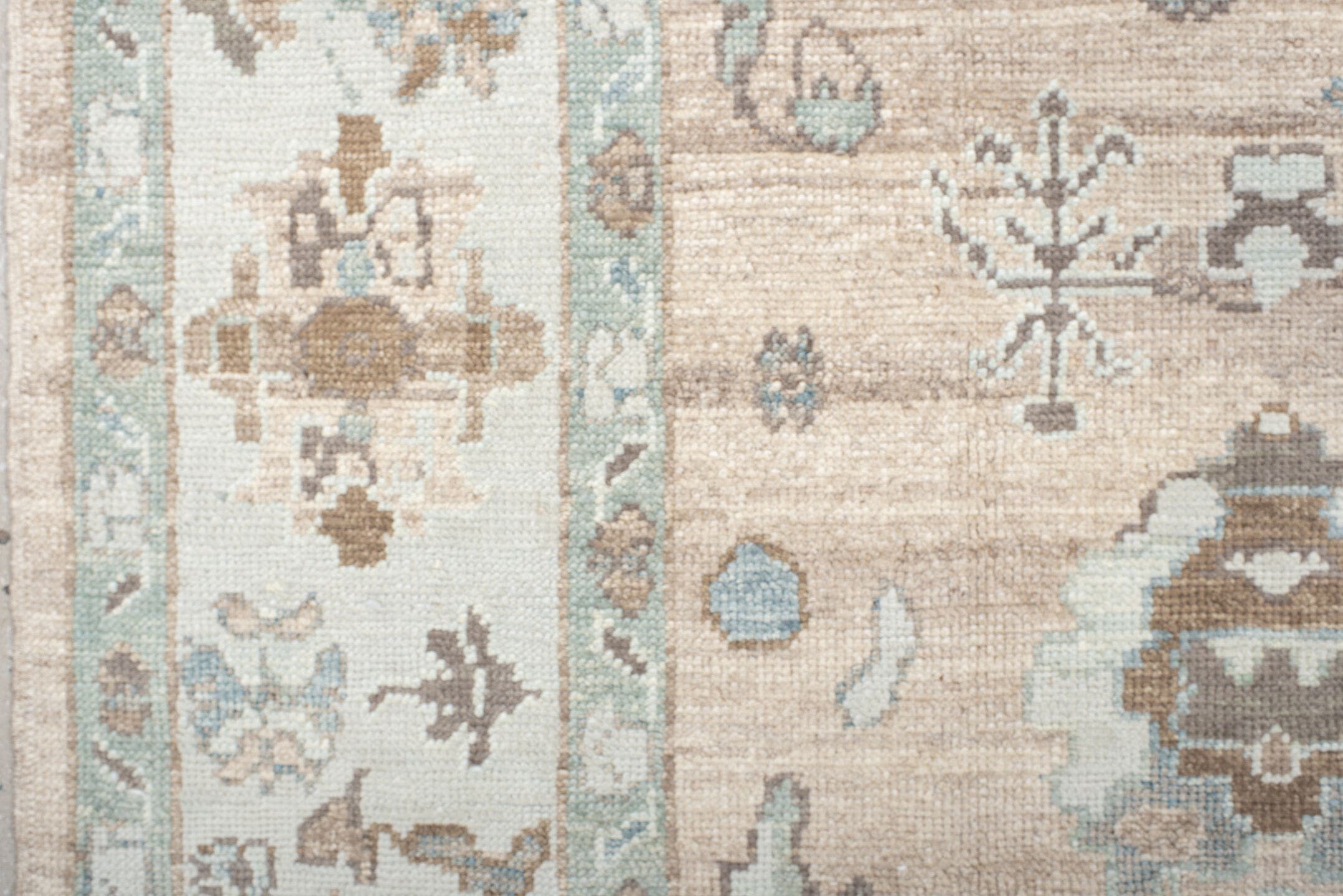 9' x 12' one-of-a-kind handmade vintage Oushak large size rug. Color palette: beige, ivory, light blue, taupe, brown, cream