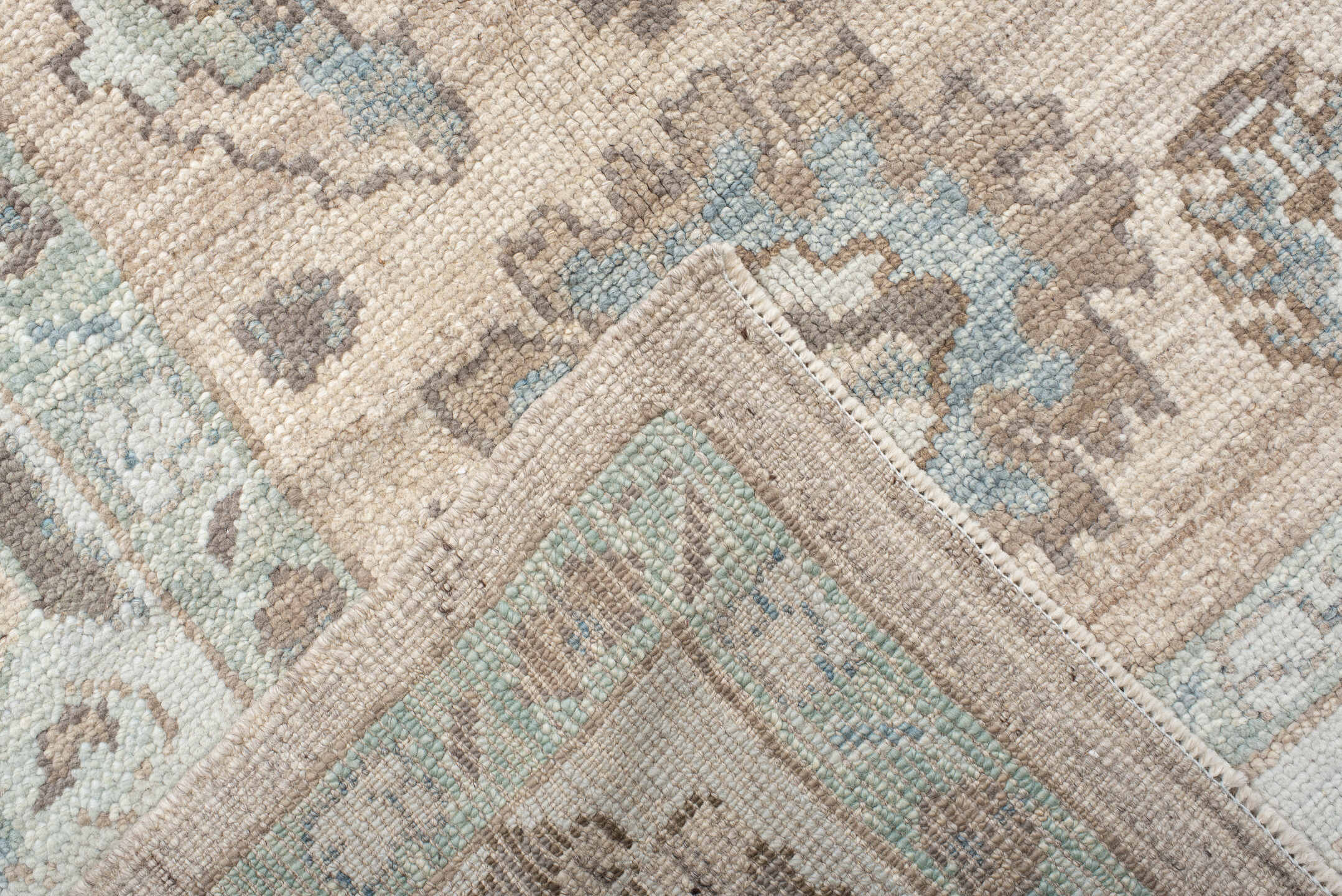 9' x 12' one-of-a-kind handmade vintage Oushak large size rug. Color palette: beige, ivory, light blue, taupe, brown, cream