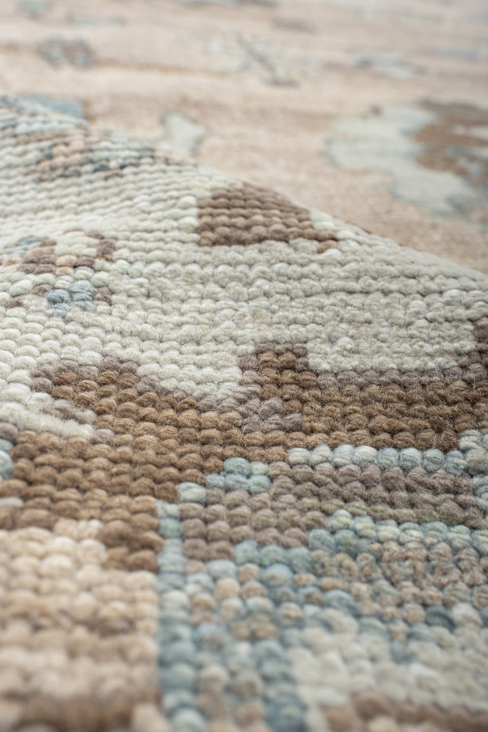 9' x 12' one-of-a-kind handmade vintage Oushak large size rug. Color palette: beige, ivory, light blue, taupe, brown, cream