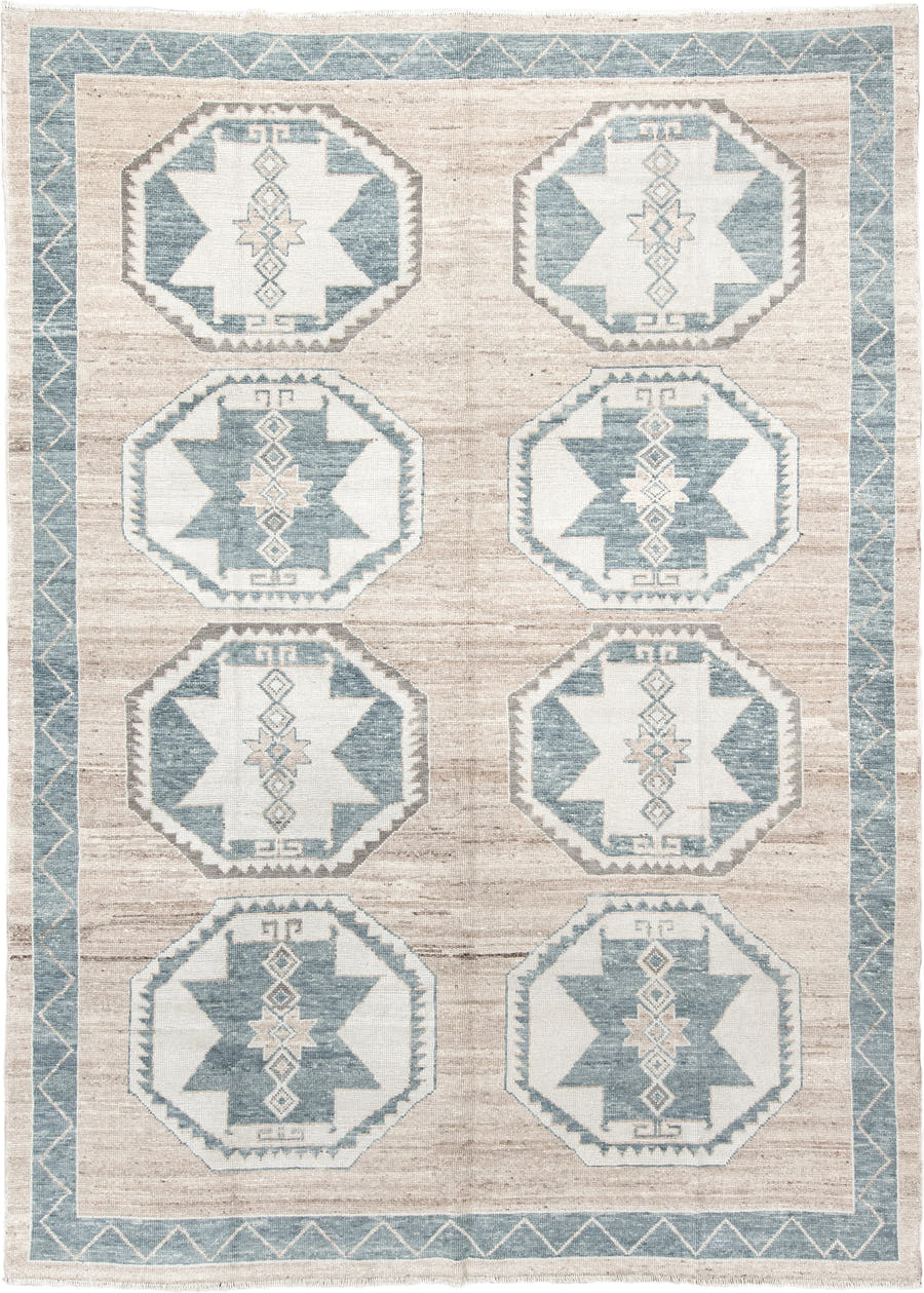 9' x 12' one-of-a-kind handmade vintage Oushak large size rug. Color palette: ivory, pale blue, taupe, beige, gray