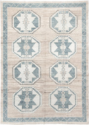9' x 12' one-of-a-kind handmade vintage Oushak large size rug. Color palette: ivory, pale blue, taupe, beige, gray