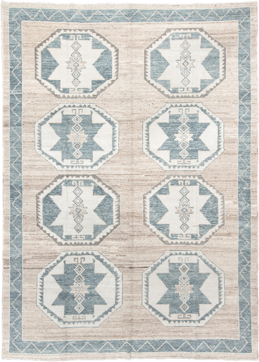 9' x 12' one-of-a-kind handmade vintage Oushak large size rug. Color palette: ivory, pale blue, taupe, beige, gray