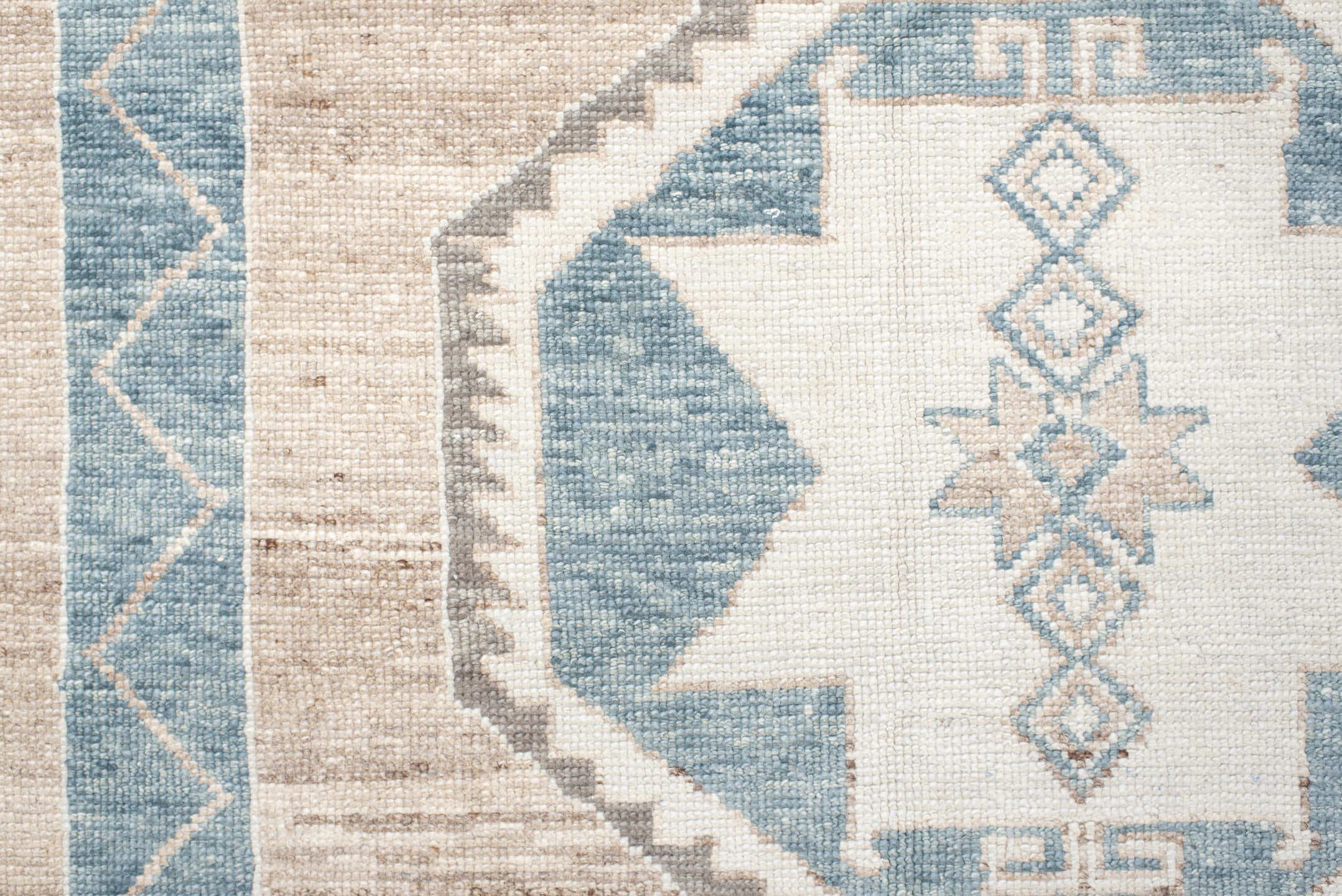 9' x 12' one-of-a-kind handmade vintage Oushak large size rug. Color palette: ivory, pale blue, taupe, beige, gray