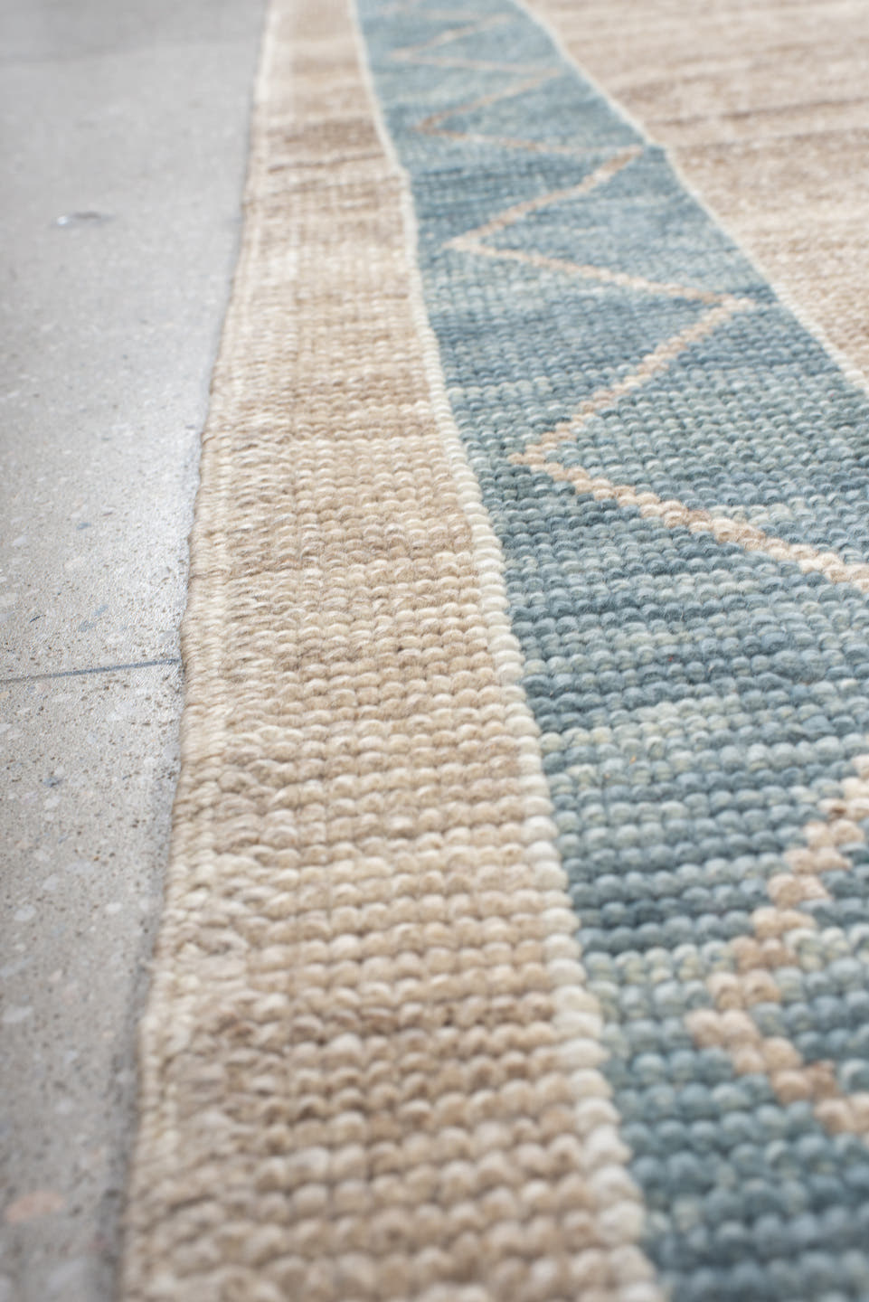9' x 12' one-of-a-kind handmade vintage Oushak large size rug. Color palette: ivory, pale blue, taupe, beige, gray