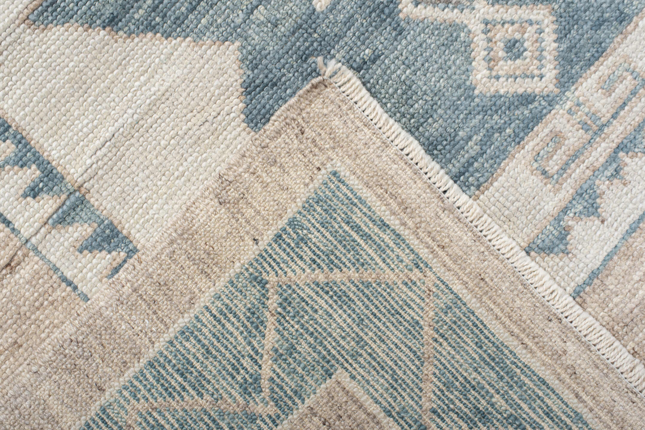 9' x 12' one-of-a-kind handmade vintage Oushak large size rug. Color palette: ivory, pale blue, taupe, beige, gray