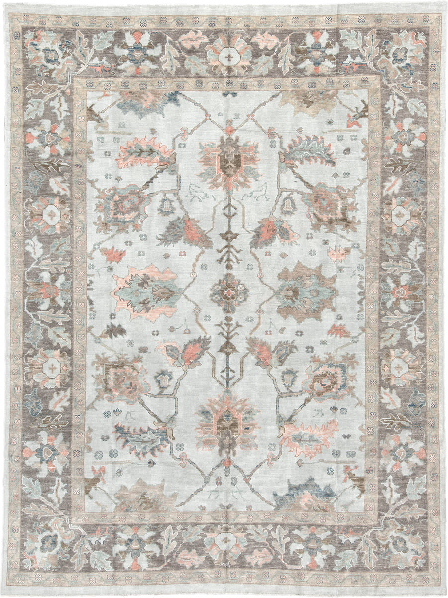 9' x 12' one-of-a-kind handmade vintage Oushak large size rug. Color palette: ivory, taupe, sage, muted blue, coral, brown