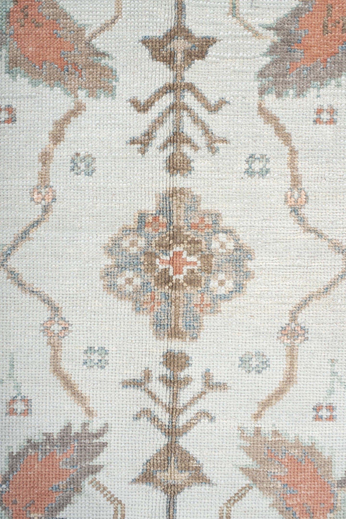 9' x 12' one-of-a-kind handmade vintage Oushak large size rug. Color palette: ivory, taupe, sage, muted blue, coral, brown