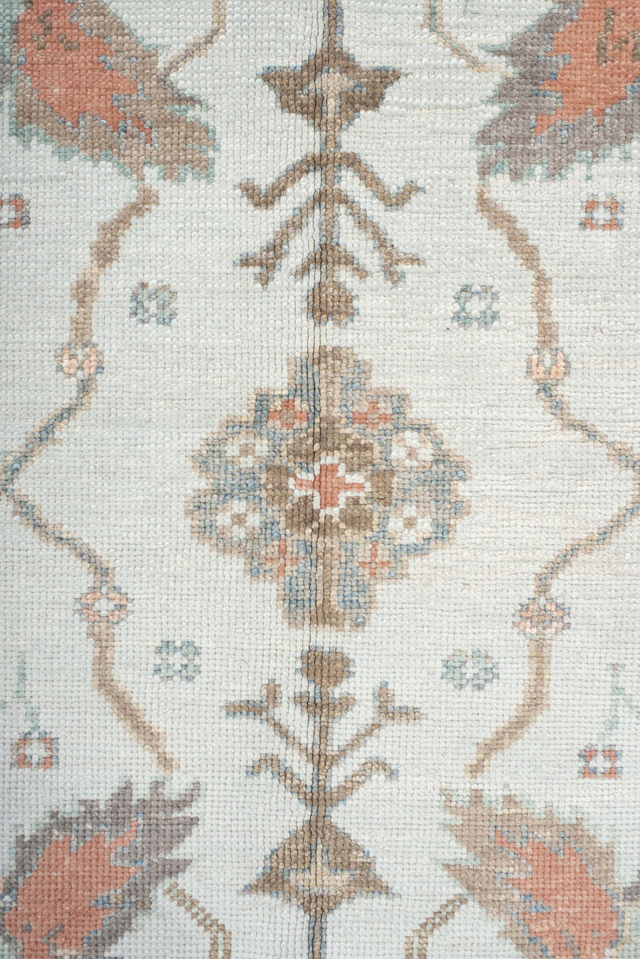 9' x 12' one-of-a-kind handmade vintage Oushak large size rug. Color palette: ivory, taupe, sage, muted blue, coral, brown