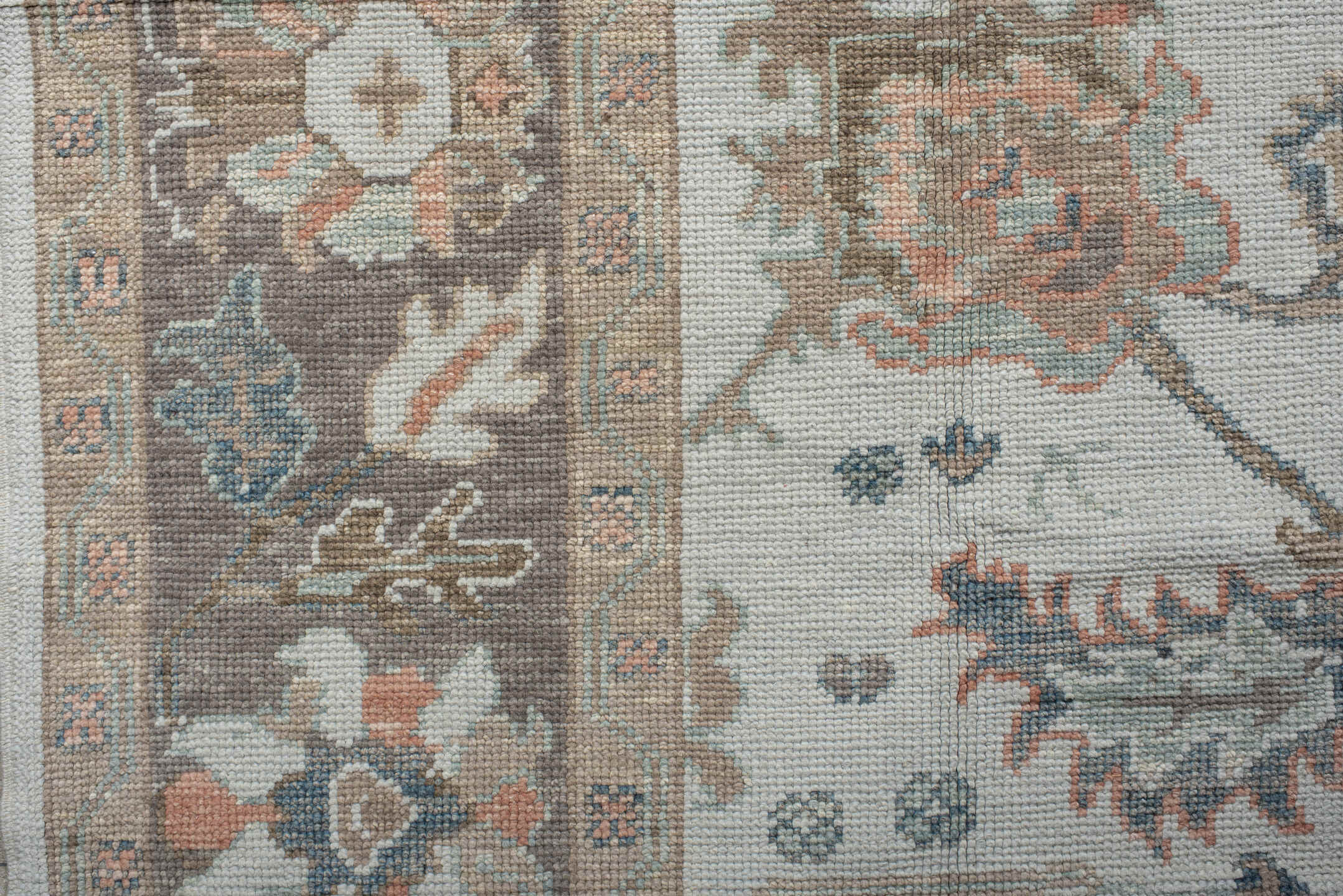 9' x 12' one-of-a-kind handmade vintage Oushak large size rug. Color palette: ivory, taupe, sage, muted blue, coral, brown