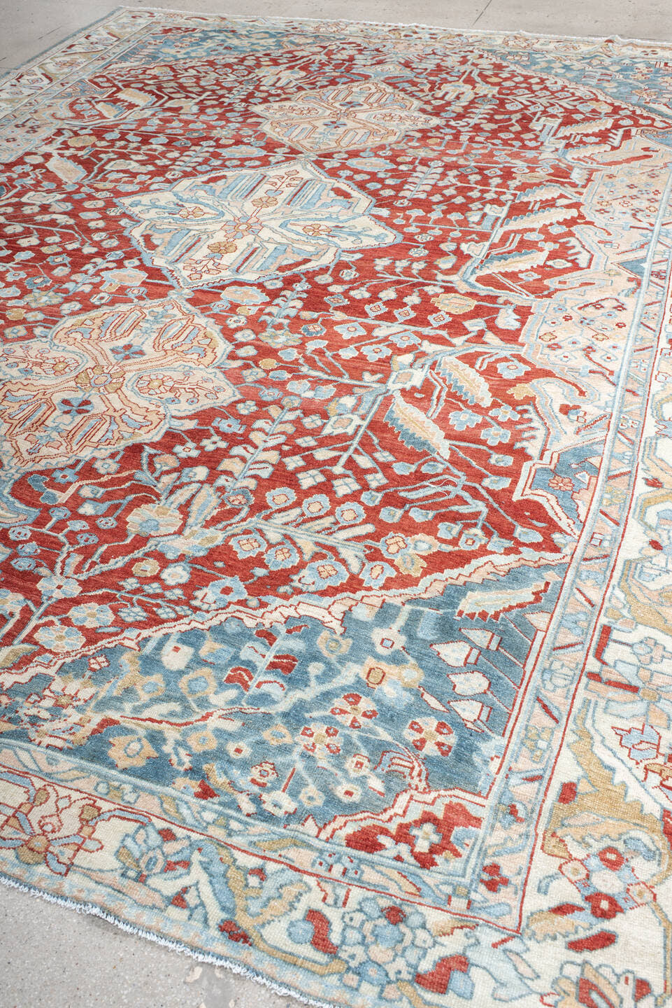 10' x 13' one-of-a-kind handmade vintage Anatolian large size rug. Color palette: rust, ivory, pale_blue, beige, cream