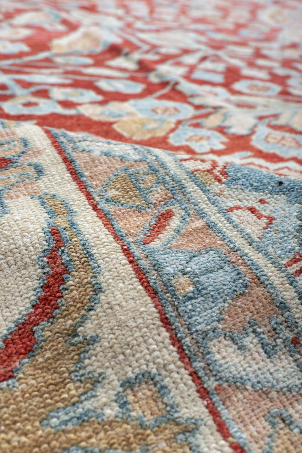 10' x 13' one-of-a-kind handmade vintage Anatolian large size rug. Color palette: rust, ivory, pale_blue, beige, cream