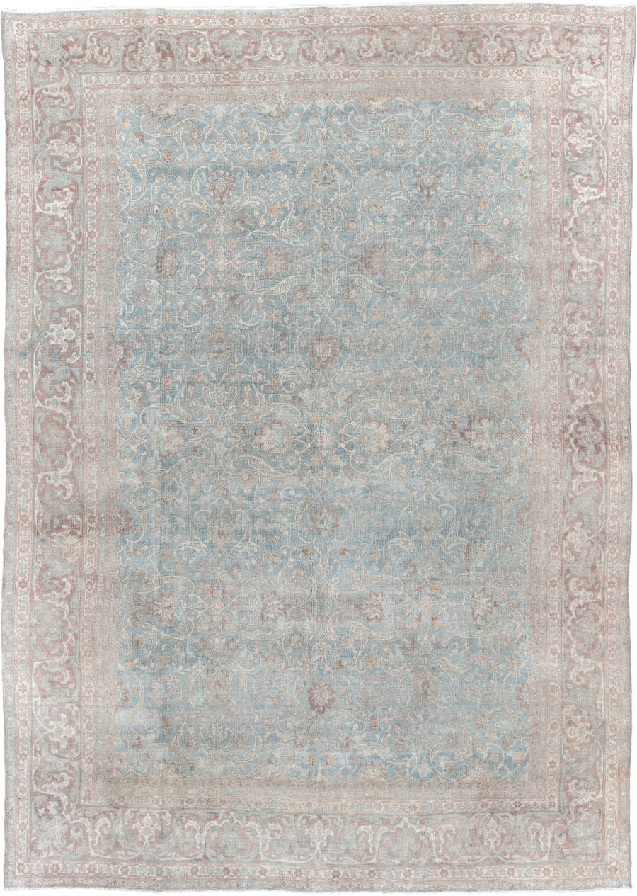 9' x 13' one-of-a-kind handmade vintage Anatolian large size rug. Color palette: pale blue, blush, ivory, taupe, rose, cream