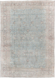 9' x 13' one-of-a-kind handmade vintage Anatolian large size rug. Color palette: pale blue, blush, ivory, taupe, rose, cream