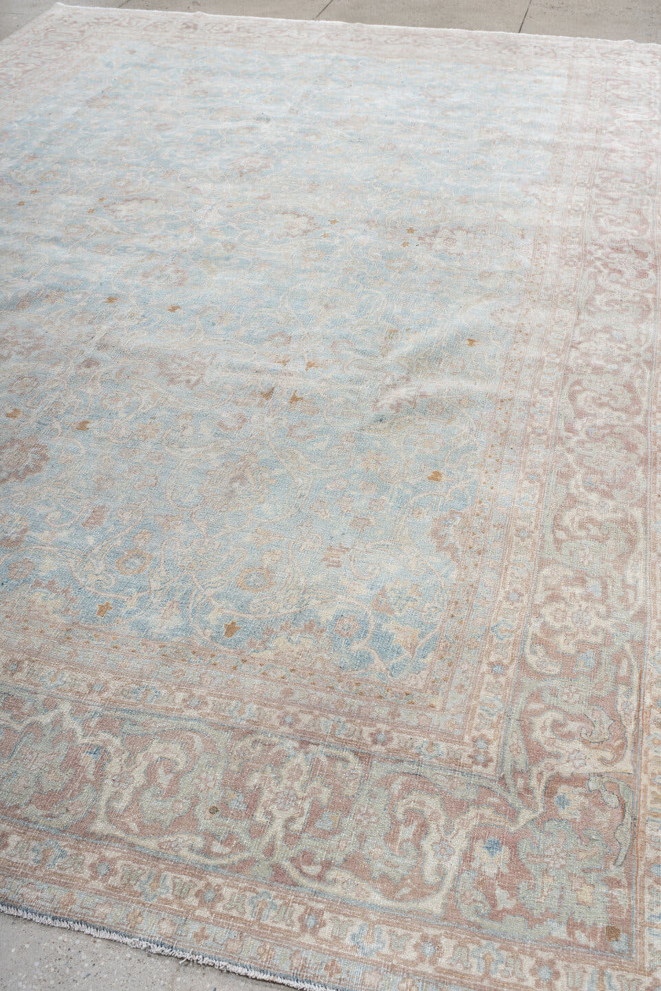 9' x 13' one-of-a-kind handmade vintage Anatolian large size rug. Color palette: pale blue, blush, ivory, taupe, rose, cream