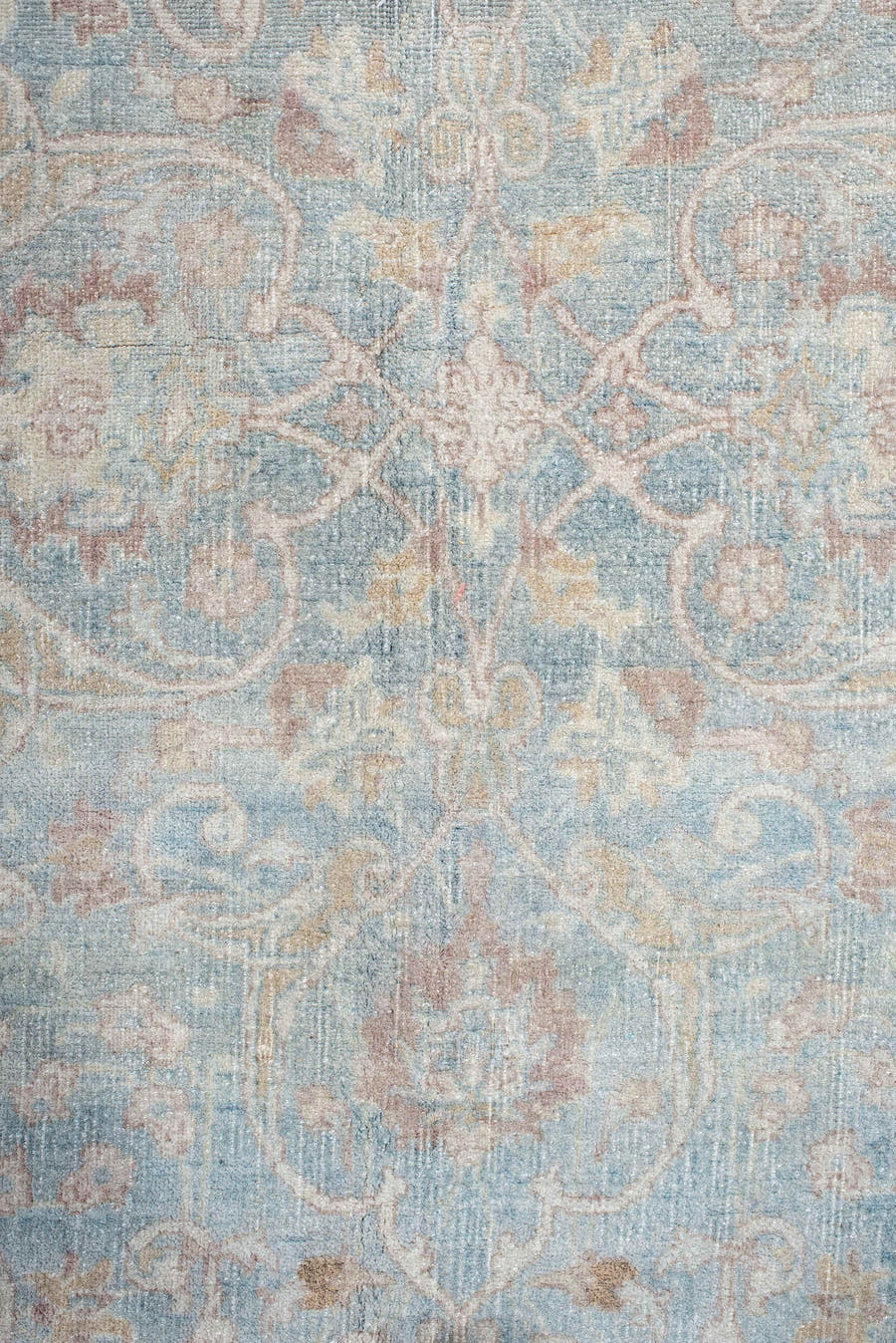 9' x 13' one-of-a-kind handmade vintage Anatolian large size rug. Color palette: pale blue, blush, ivory, taupe, rose, cream