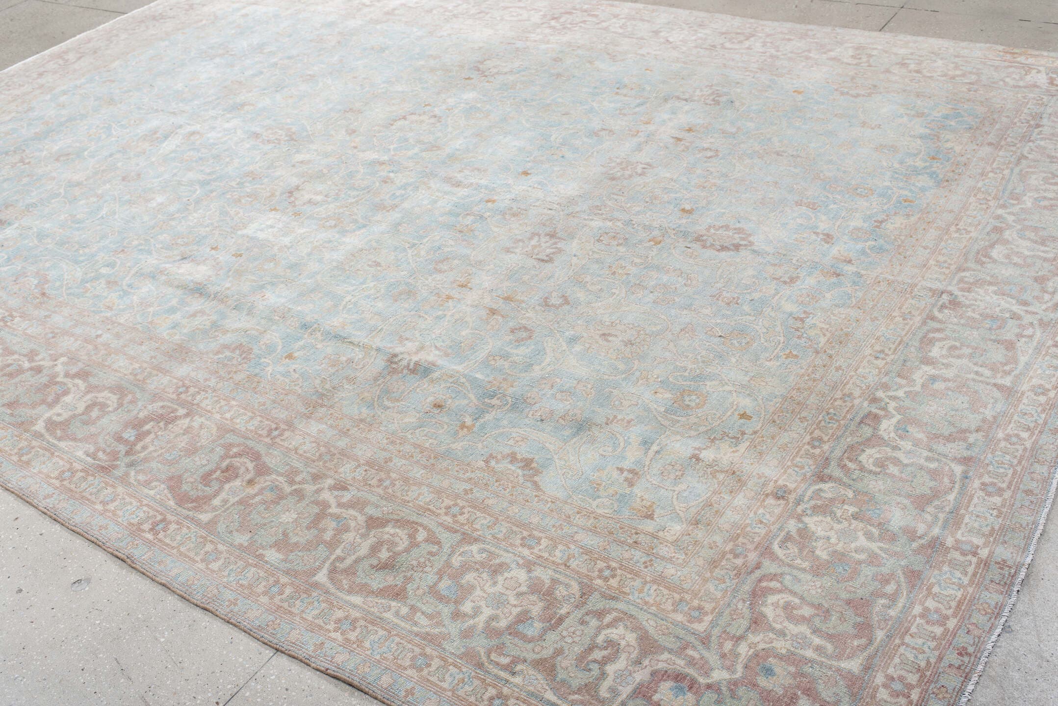 9' x 13' one-of-a-kind handmade vintage Anatolian large size rug. Color palette: pale blue, blush, ivory, taupe, rose, cream