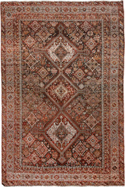 7' x 10' one-of-a-kind handmade antique Shiraz large size rug. Color palette: rust, ivory, brown, terra cotta, charcoal
