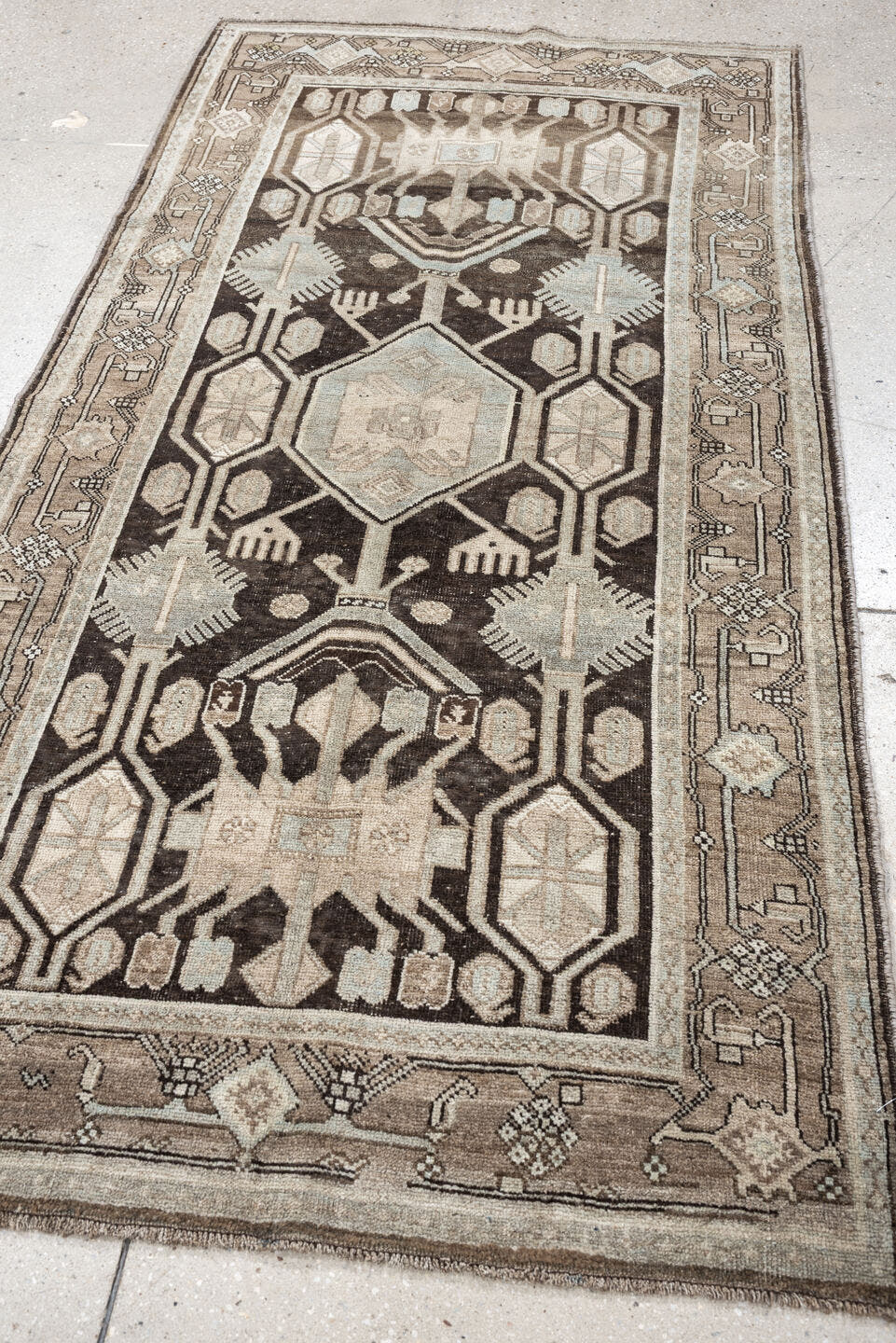 3' x 7' one-of-a-kind handmade antique Bidjar runner rug. Color palette: charcoal, taupe, ivory, light blue, beige, brown