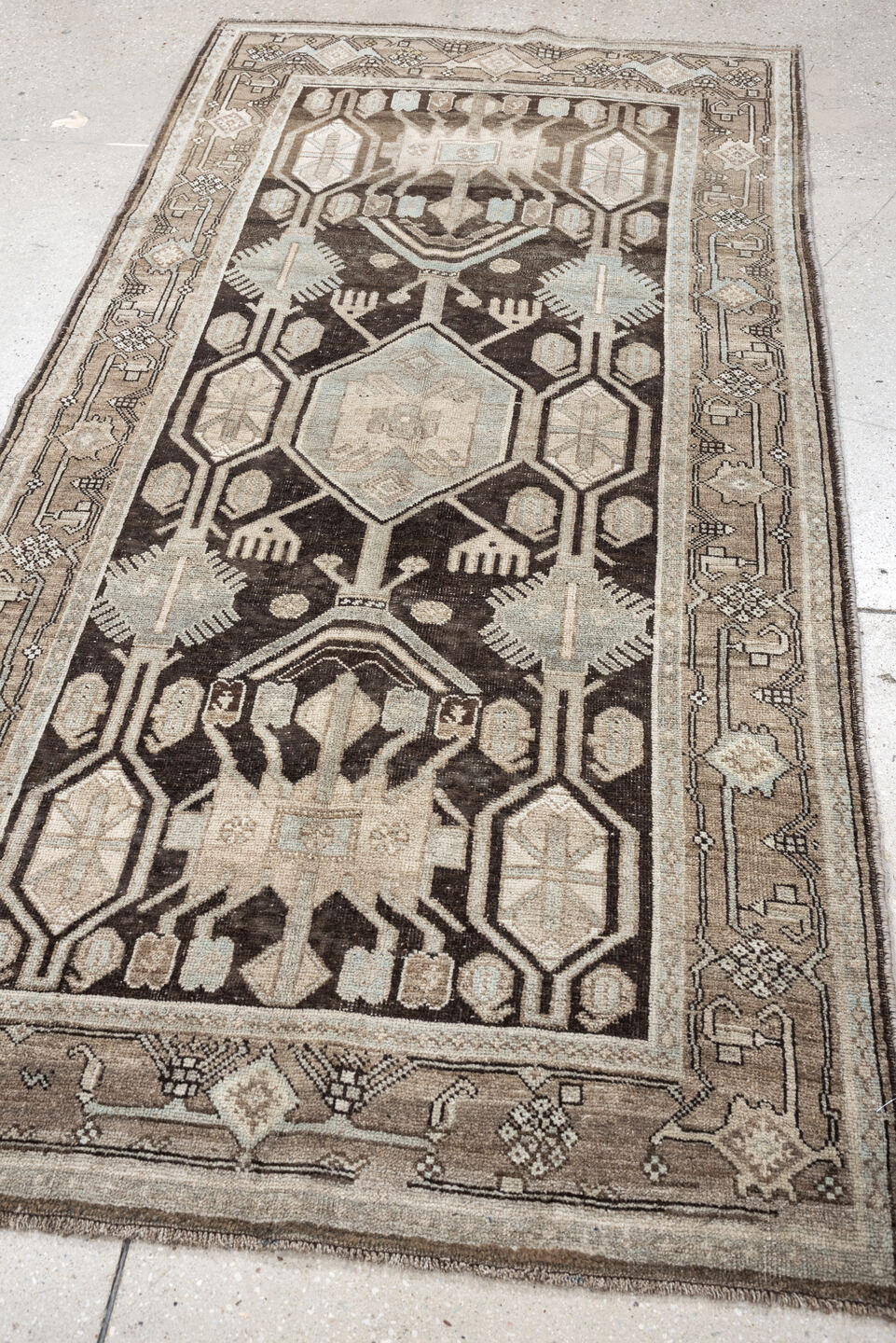 3' x 7' one-of-a-kind handmade antique Bidjar runner rug. Color palette: charcoal, taupe, ivory, light blue, beige, brown