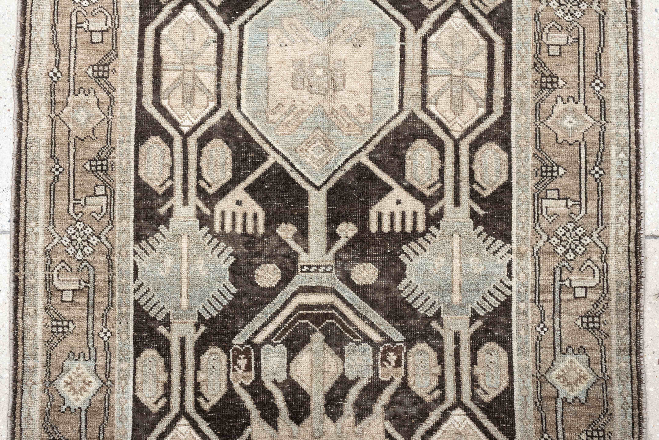 3' x 7' one-of-a-kind handmade antique Bidjar runner rug. Color palette: charcoal, taupe, ivory, light blue, beige, brown