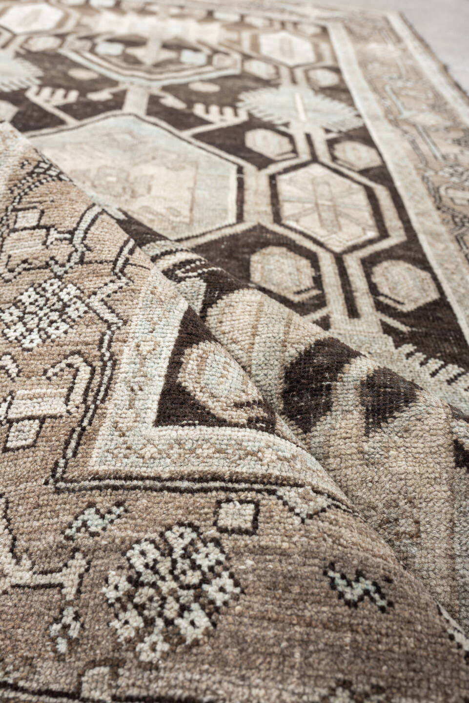 3' x 7' one-of-a-kind handmade antique Bidjar runner rug. Color palette: charcoal, taupe, ivory, light blue, beige, brown