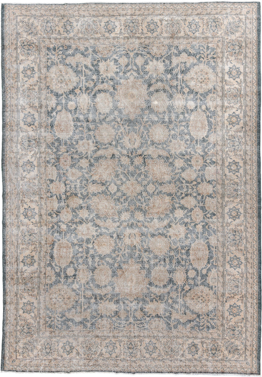 9' x 13' one-of-a-kind handmade vintage Sparta large size rug. Color palette: ivory, blue, taupe, beige, slate, gray