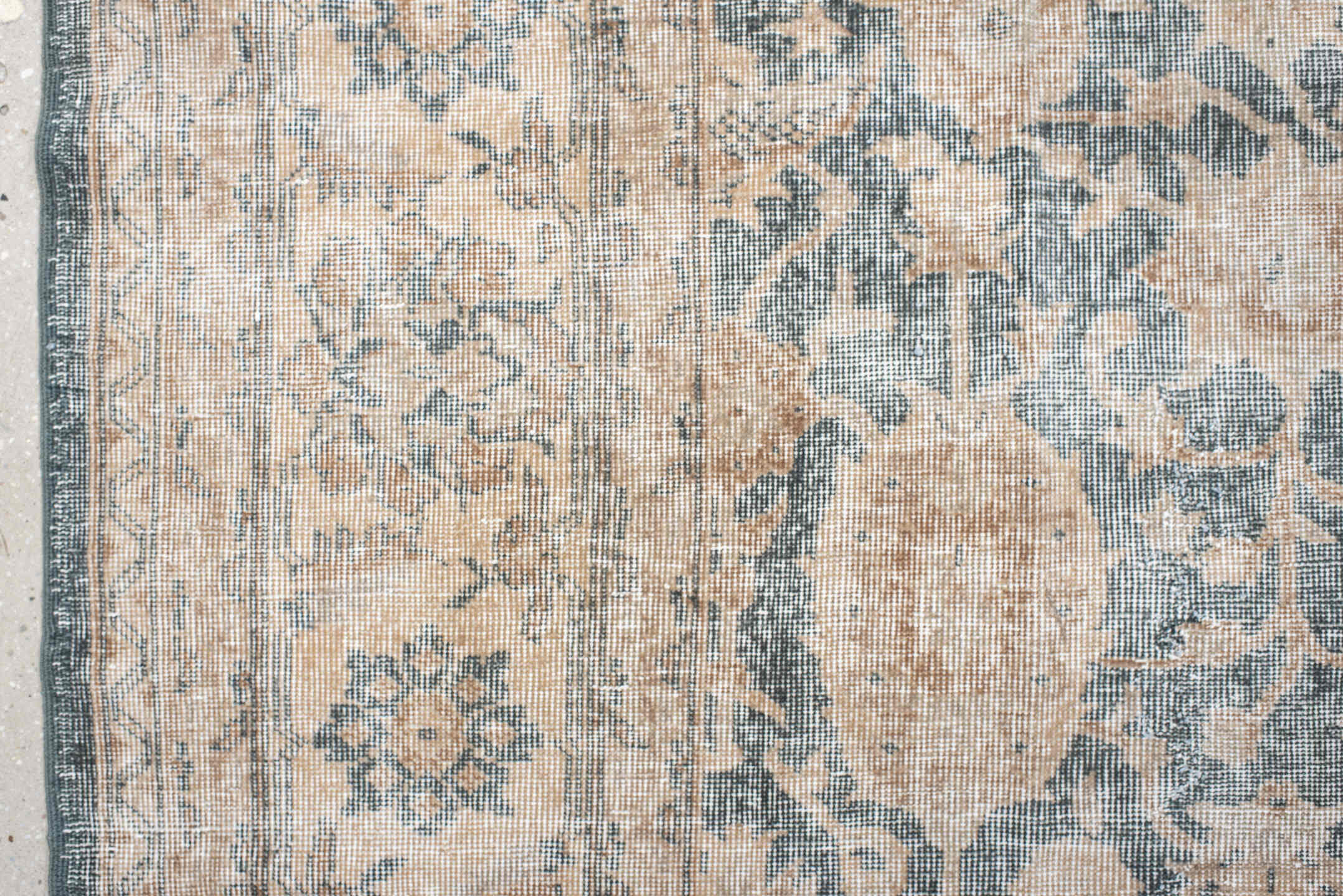 9' x 13' one-of-a-kind handmade vintage Sparta large size rug. Color palette: ivory, blue, taupe, beige, slate, gray