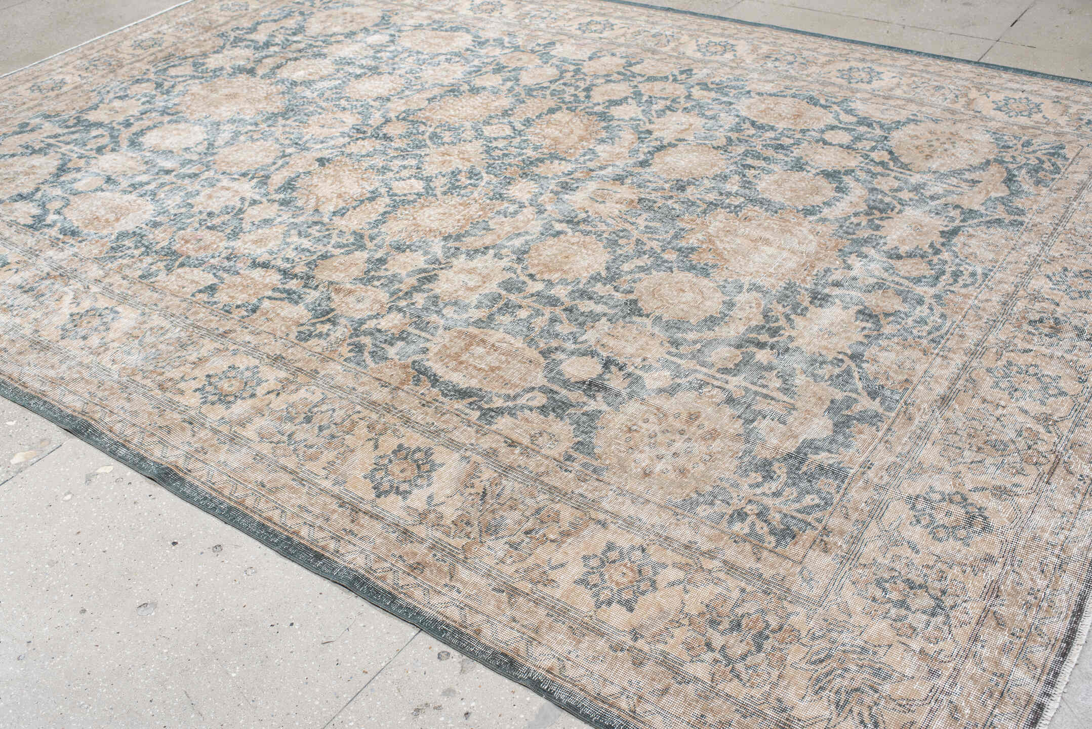 9' x 13' one-of-a-kind handmade vintage Sparta large size rug. Color palette: ivory, blue, taupe, beige, slate, gray