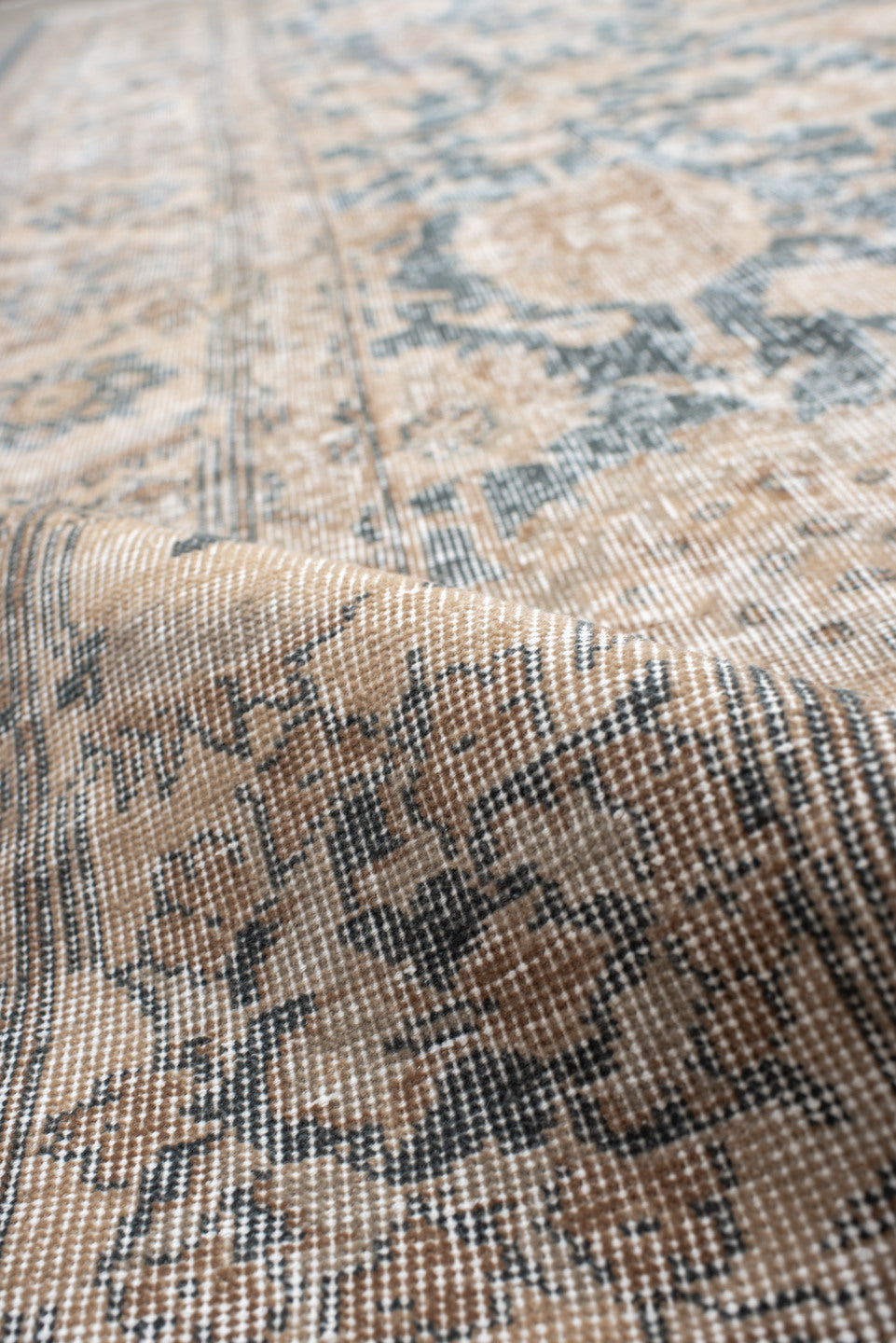 9' x 13' one-of-a-kind handmade vintage Sparta large size rug. Color palette: ivory, blue, taupe, beige, slate, gray