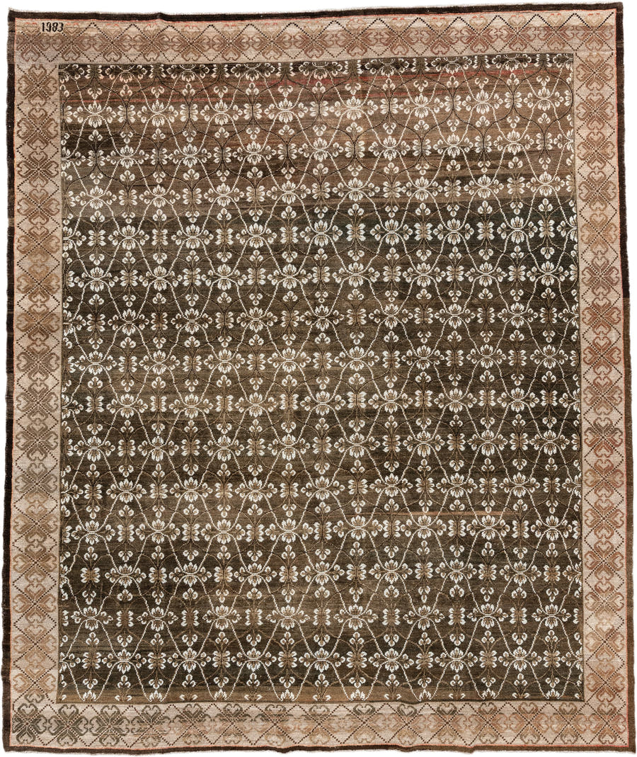 9' x 11' one-of-a-kind handmade vintage Kars large size rug. Color palette: brown, ivory, taupe, camel, terra cotta