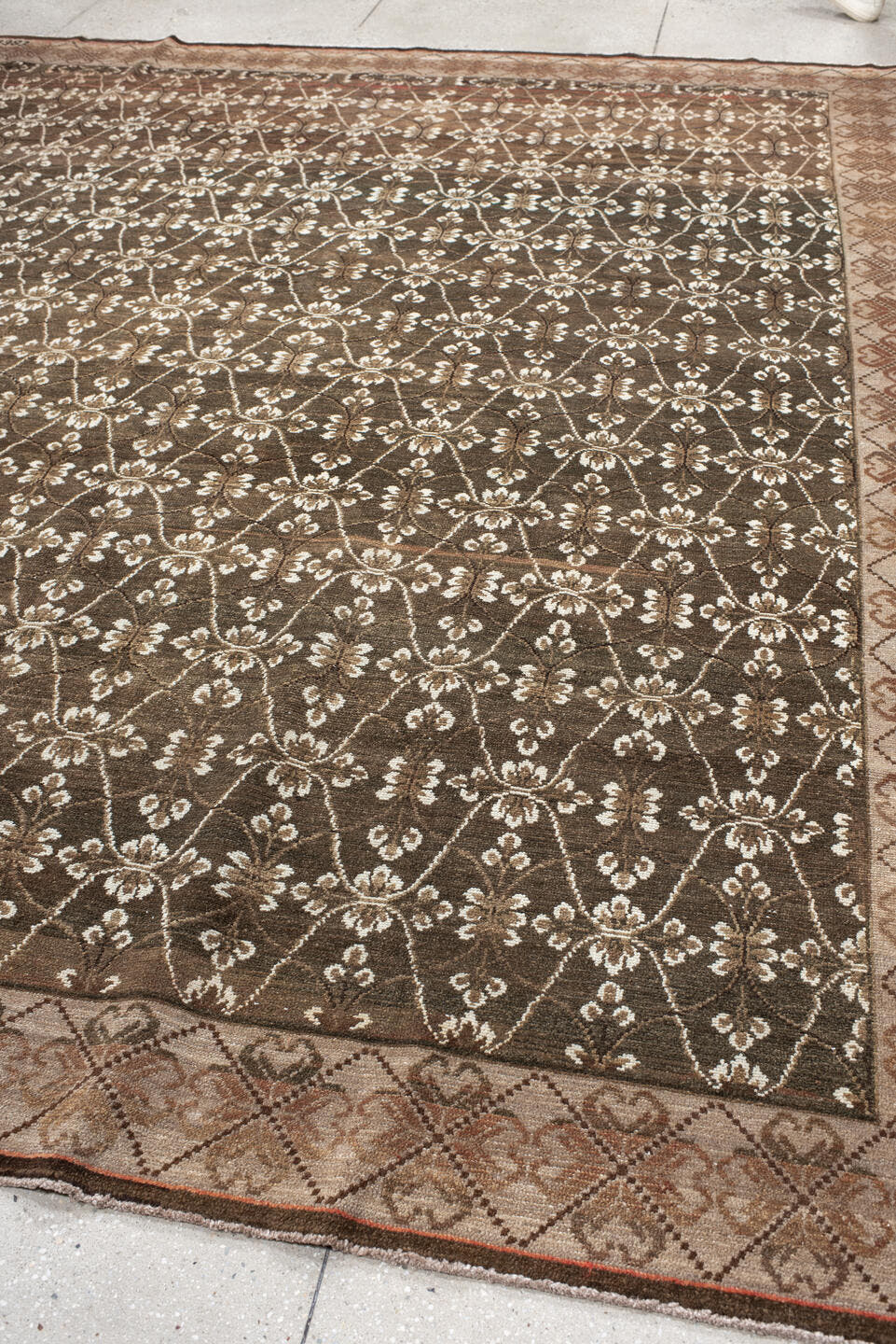 9' x 11' one-of-a-kind handmade vintage Kars large size rug. Color palette: brown, ivory, taupe, camel, terra cotta
