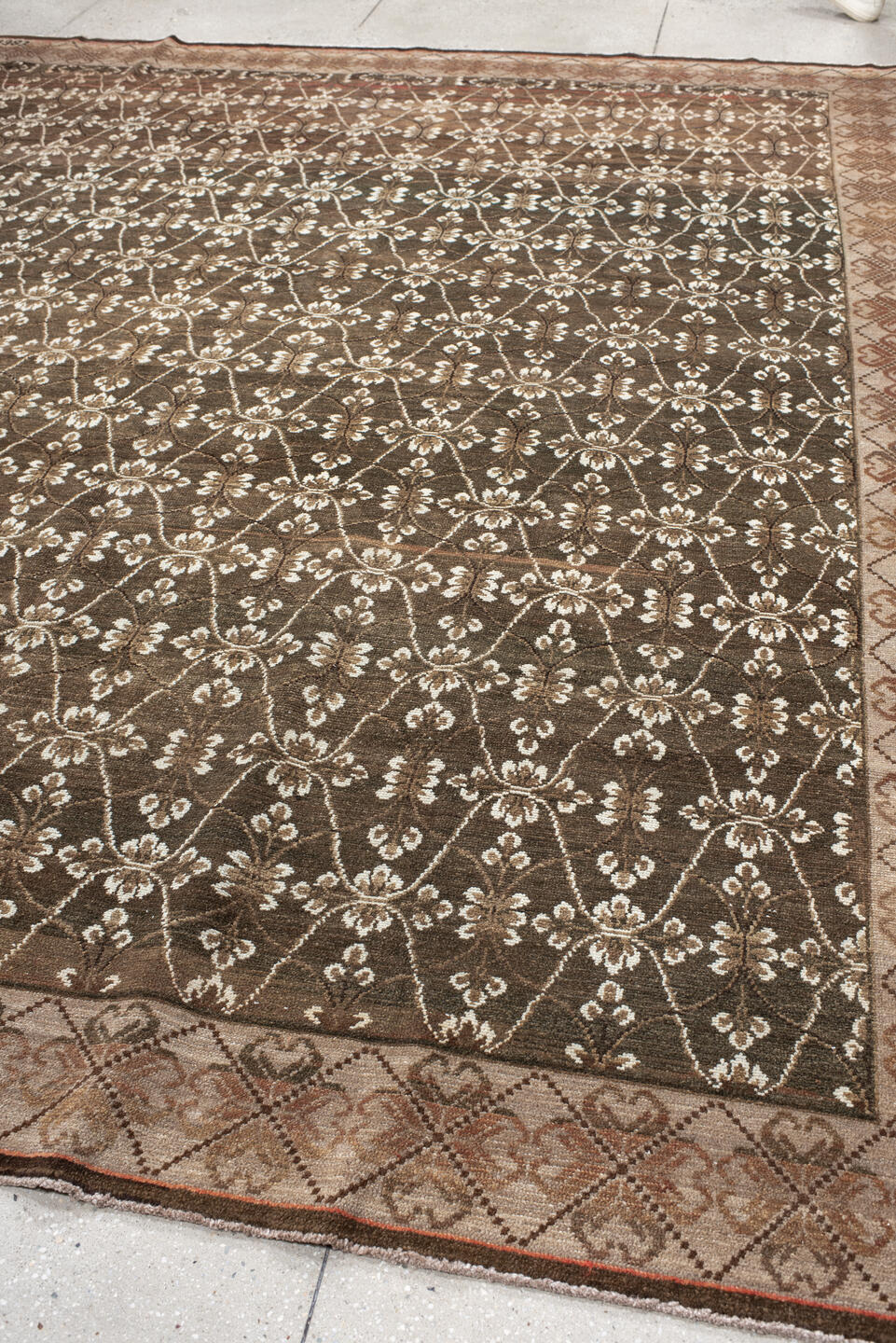9' x 11' one-of-a-kind handmade vintage Kars large size rug. Color palette: brown, ivory, taupe, camel, terra cotta