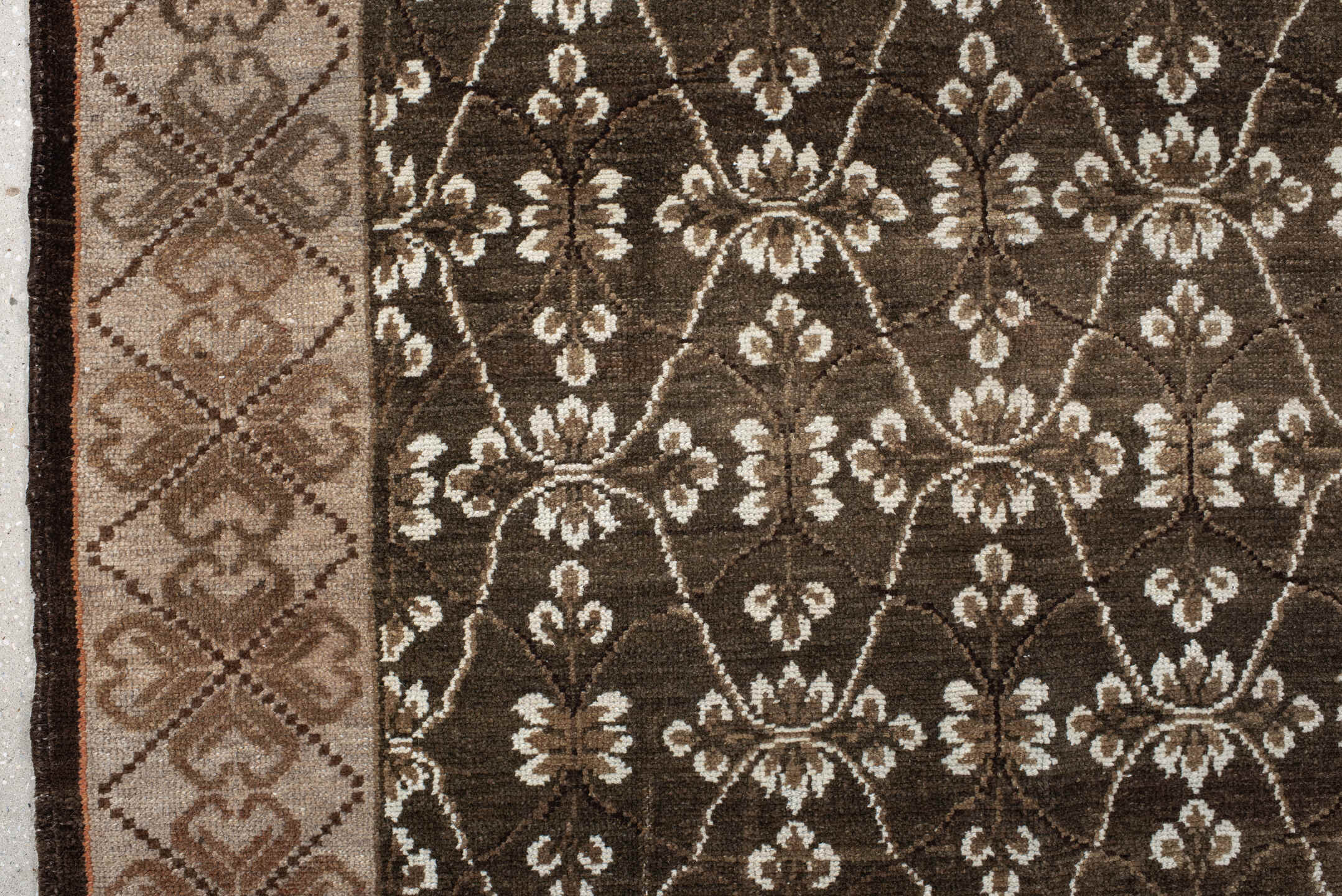 9' x 11' one-of-a-kind handmade vintage Kars large size rug. Color palette: brown, ivory, taupe, camel, terra cotta