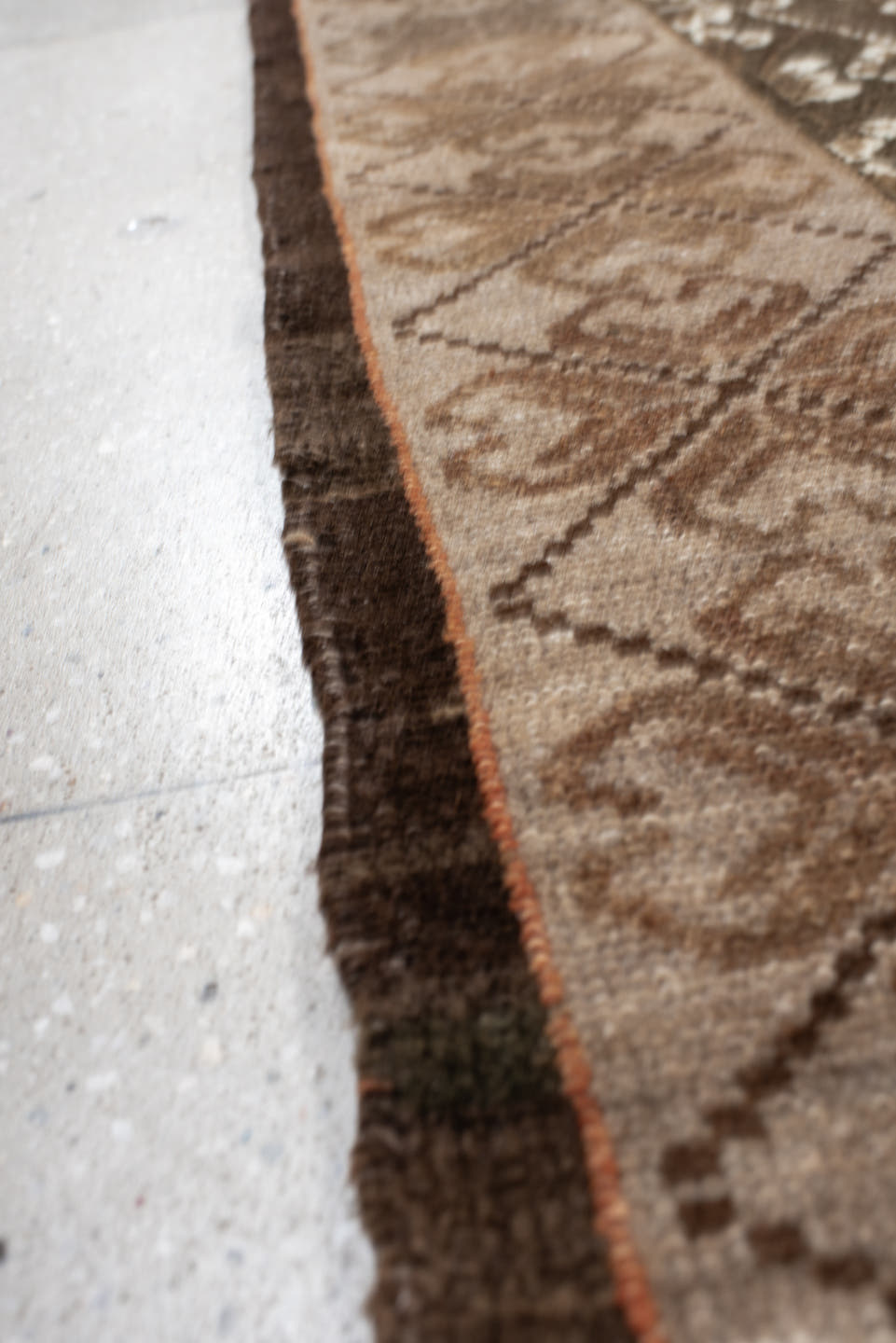 9' x 11' one-of-a-kind handmade vintage Kars large size rug. Color palette: brown, ivory, taupe, camel, terra cotta