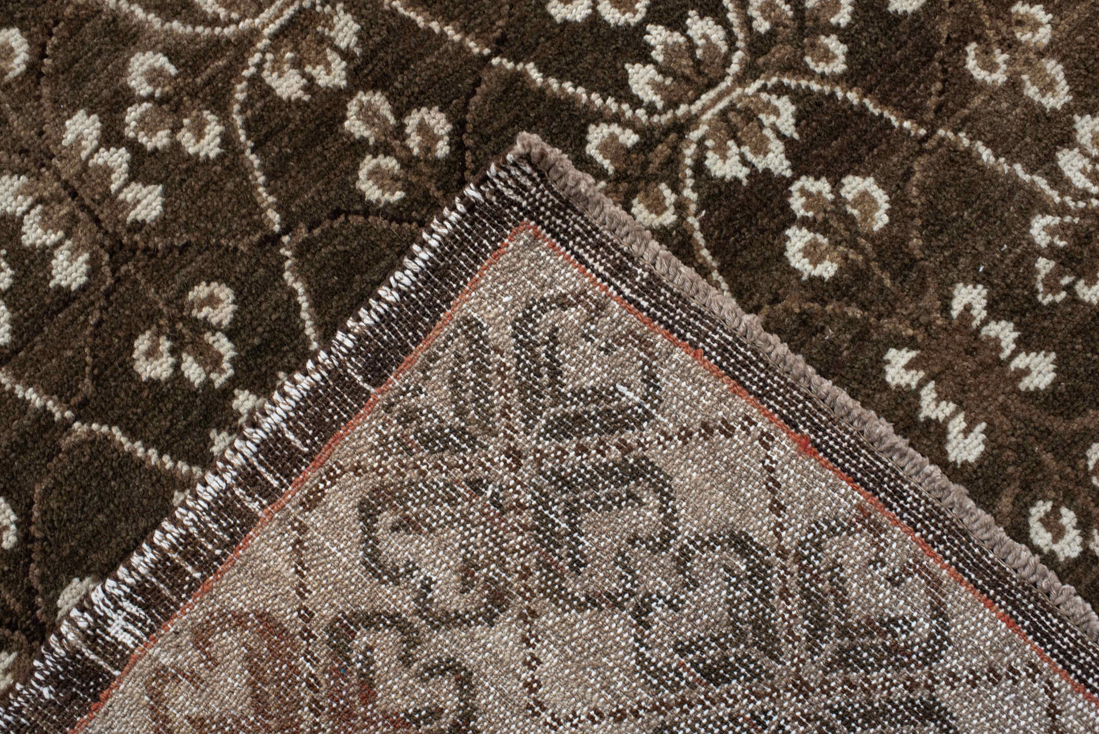 9' x 11' one-of-a-kind handmade vintage Kars large size rug. Color palette: brown, ivory, taupe, camel, terra cotta