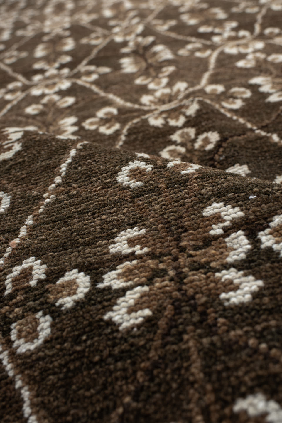 9' x 11' one-of-a-kind handmade vintage Kars large size rug. Color palette: brown, ivory, taupe, camel, terra cotta