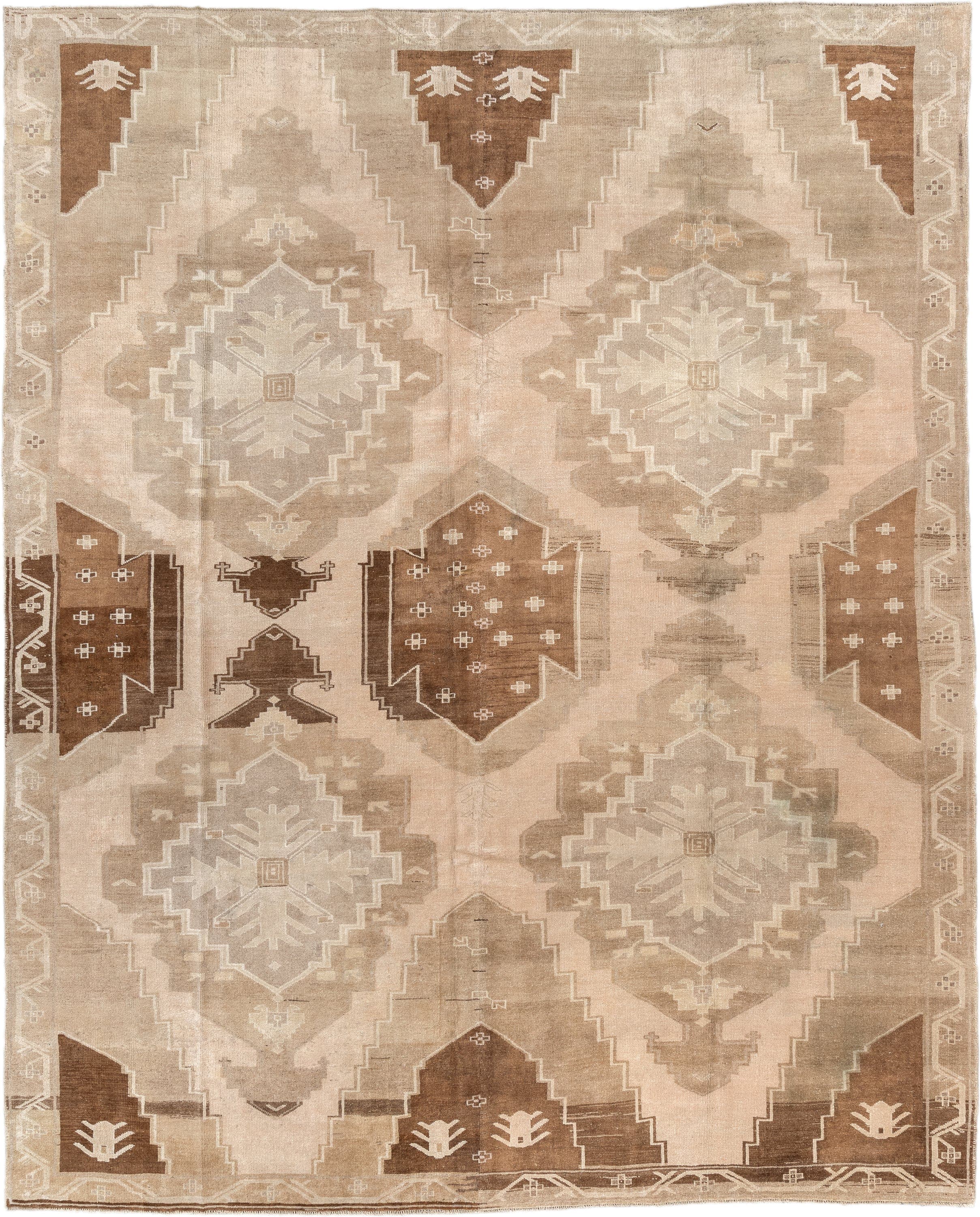 9' x 11' one-of-a-kind handmade vintage Kars large size rug. Color palette: beige, taupe, camel, brown, ivory, sand, gray