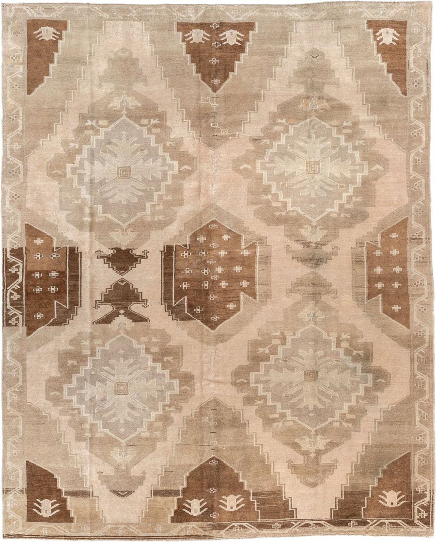 9' x 11' one-of-a-kind handmade vintage Kars large size rug. Color palette: beige, taupe, camel, brown, ivory, sand, gray