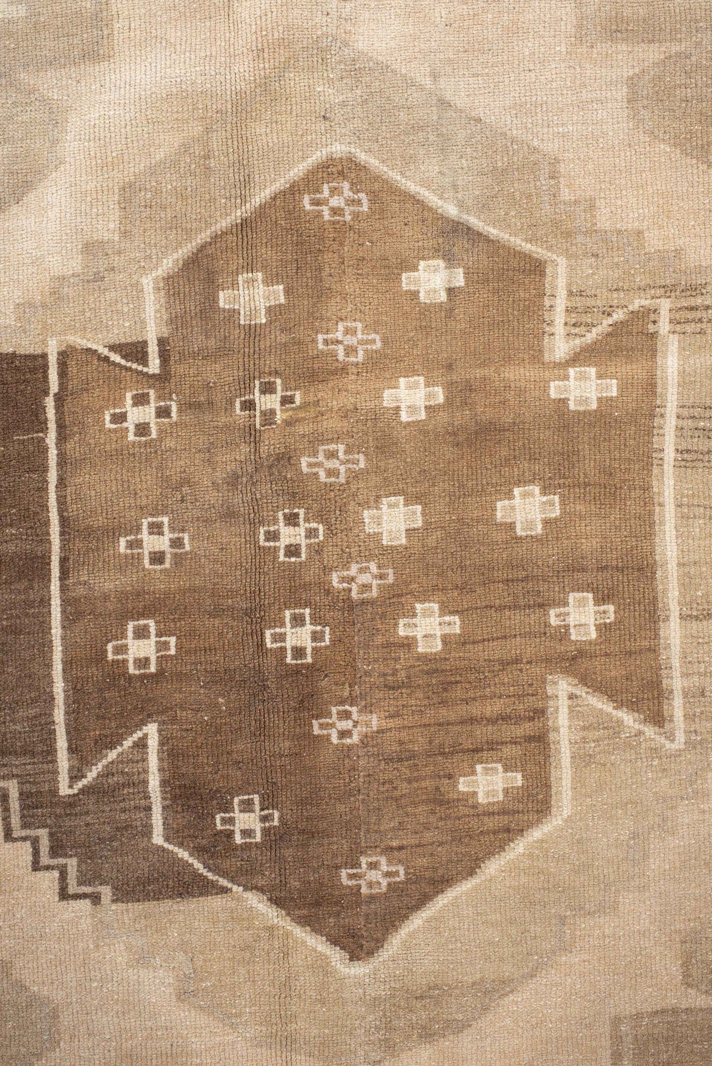 9' x 11' one-of-a-kind handmade vintage Kars large size rug. Color palette: beige, taupe, camel, brown, ivory, sand, gray