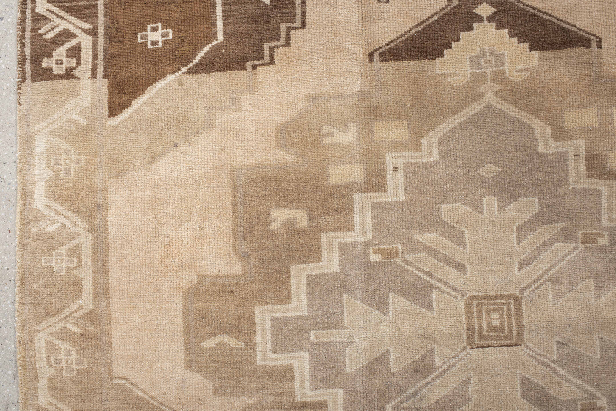 9' x 11' one-of-a-kind handmade vintage Kars large size rug. Color palette: beige, taupe, camel, brown, ivory, sand, gray