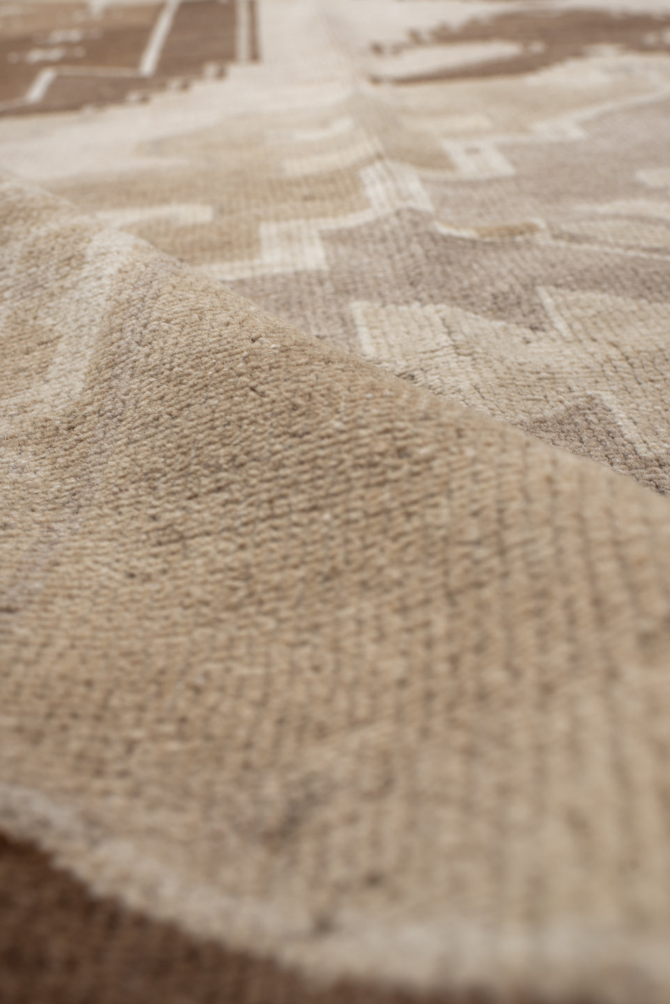 9' x 11' one-of-a-kind handmade vintage Kars large size rug. Color palette: beige, taupe, camel, brown, ivory, sand, gray