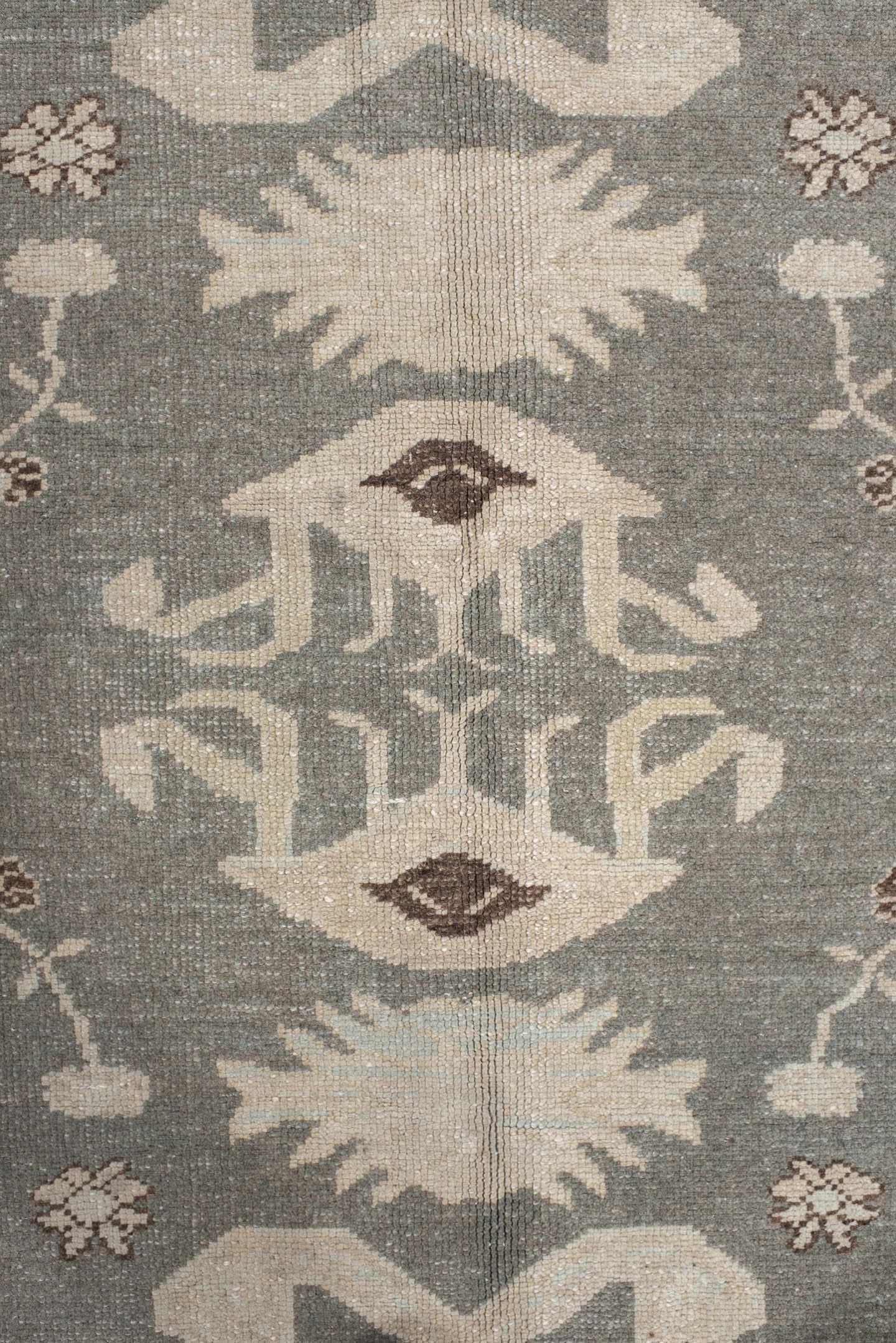 7' x 9' one-of-a-kind handmade vintage Anatolian rug. Color palette: charcoal, ivory, pale blue, taupe, brown, black, gray