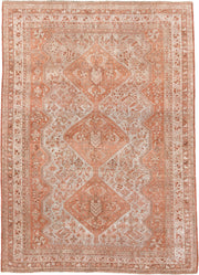 7' x 10' one-of-a-kind handmade antique Shiraz large size rug. Color palette: terra cotta, ivory, rose, rust, camel