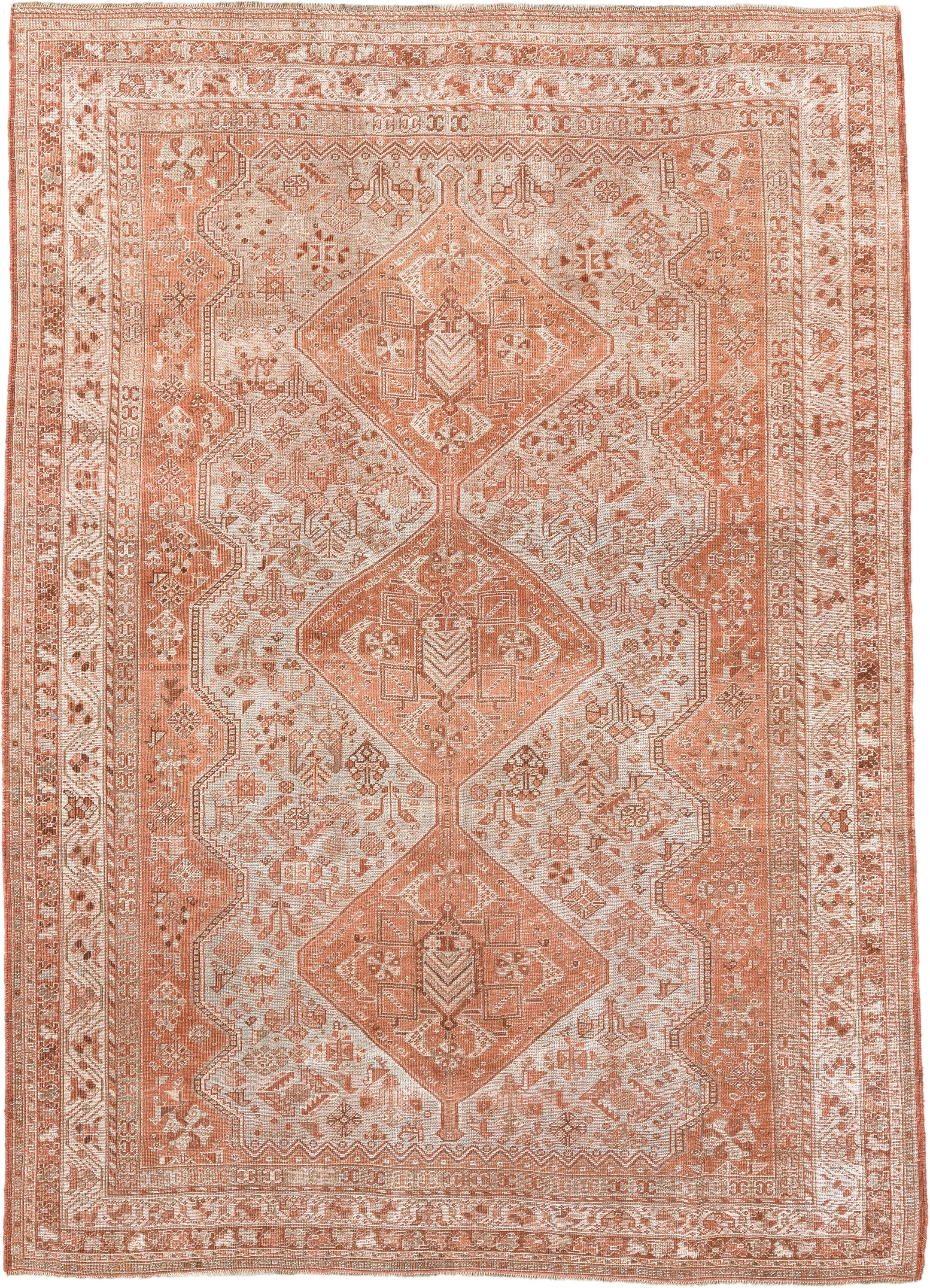 7' x 10' one-of-a-kind handmade antique Shiraz large size rug. Color palette: terra cotta, ivory, rose, rust, camel